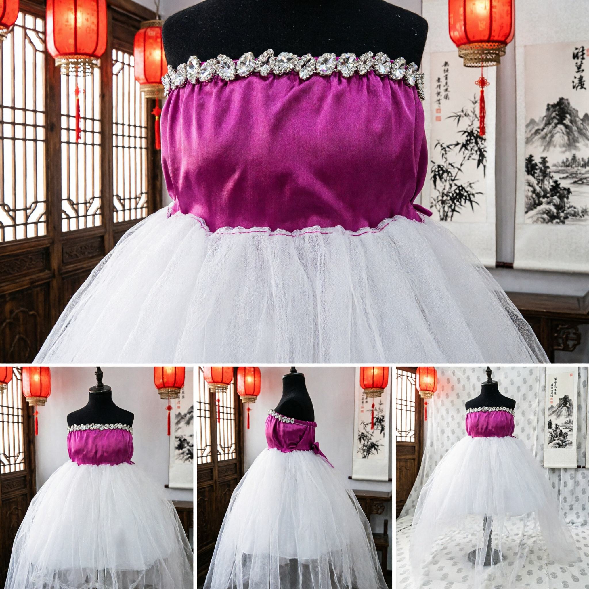 Girls Pink and White Flower Girl Dress with Tulle Skirt and Rhinestone Bodice for Wedding Pageants
