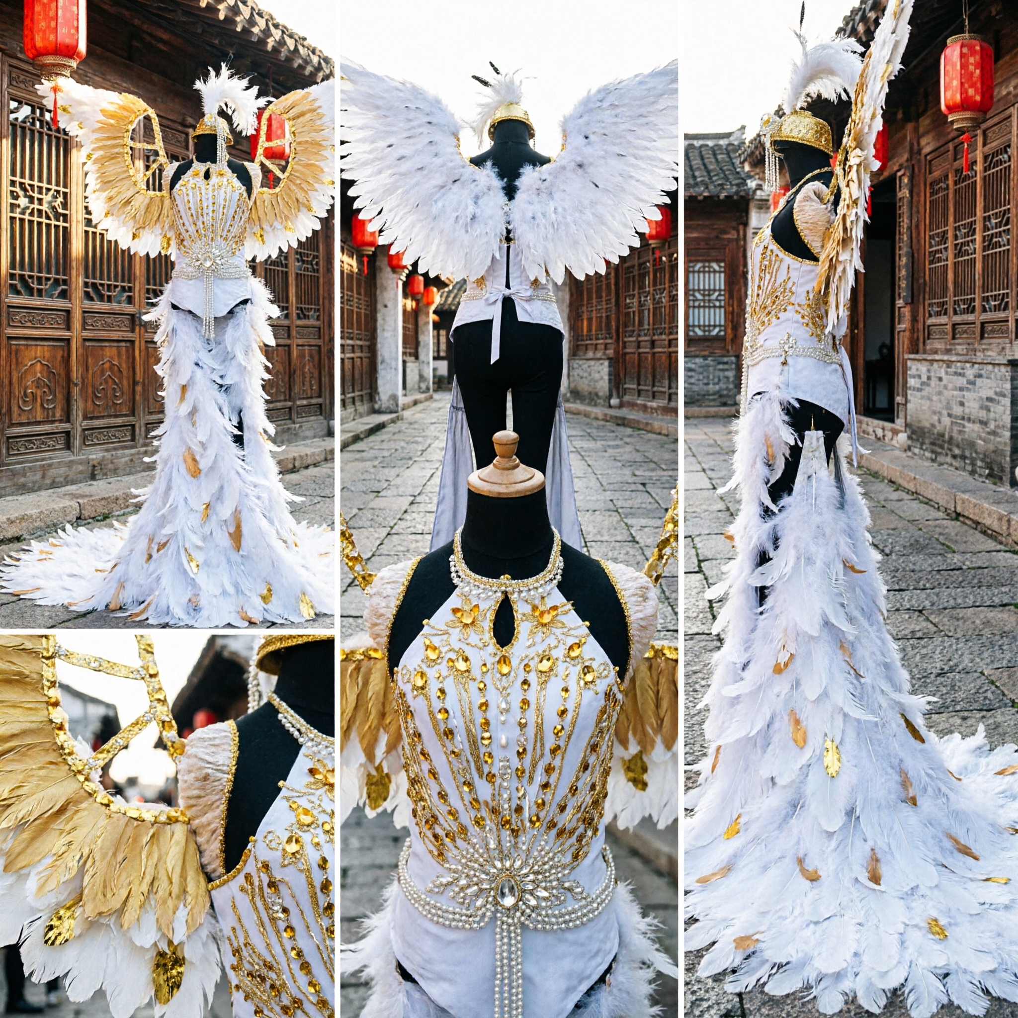 Women's White Gold Feather Wing Costume Carnival Samba Showgirl Stage Performance Angel Dance Dress