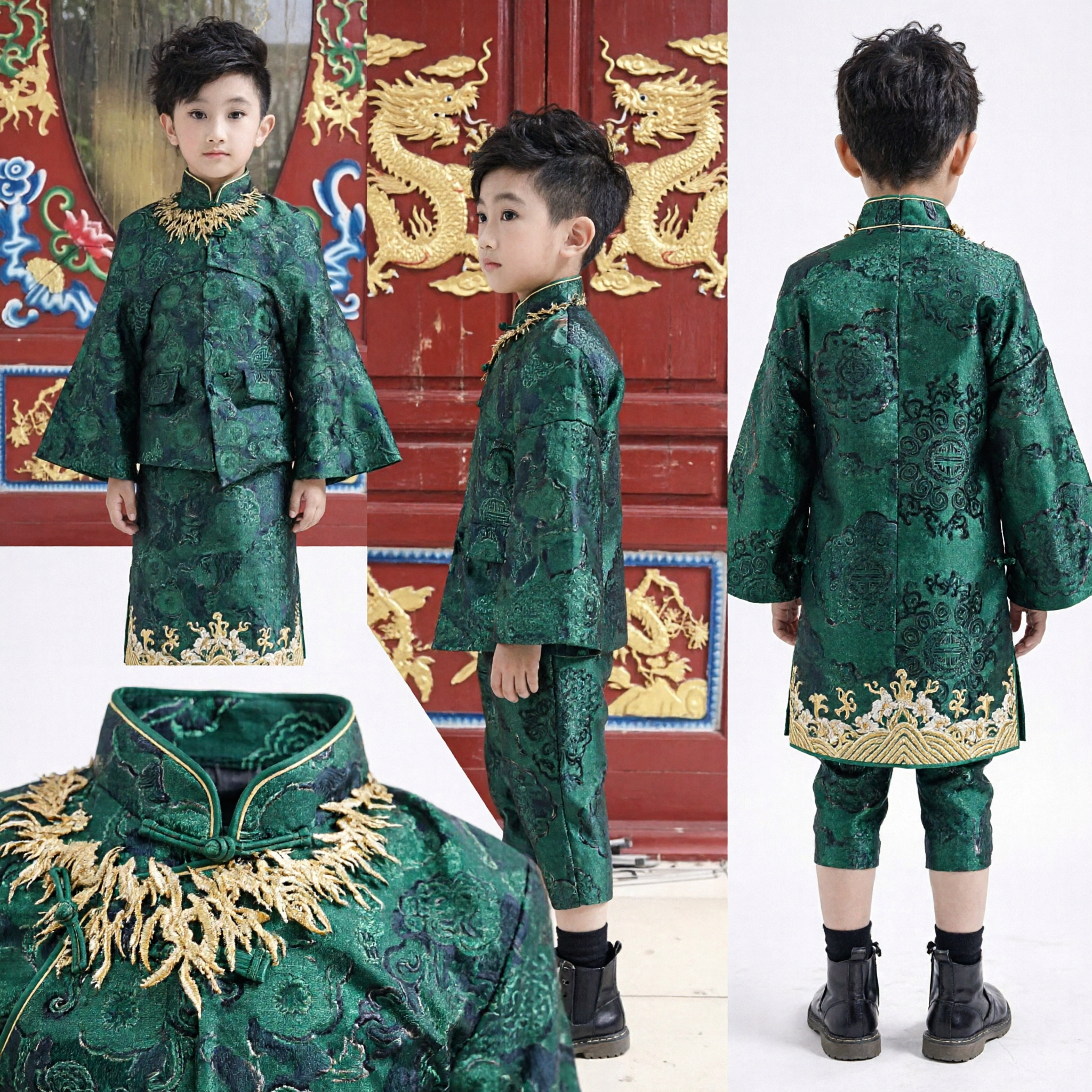 Boys Traditional Chinese Green Tang Suit Costume Kids Hanfu Dragon Brocade Stage Performance Outfit