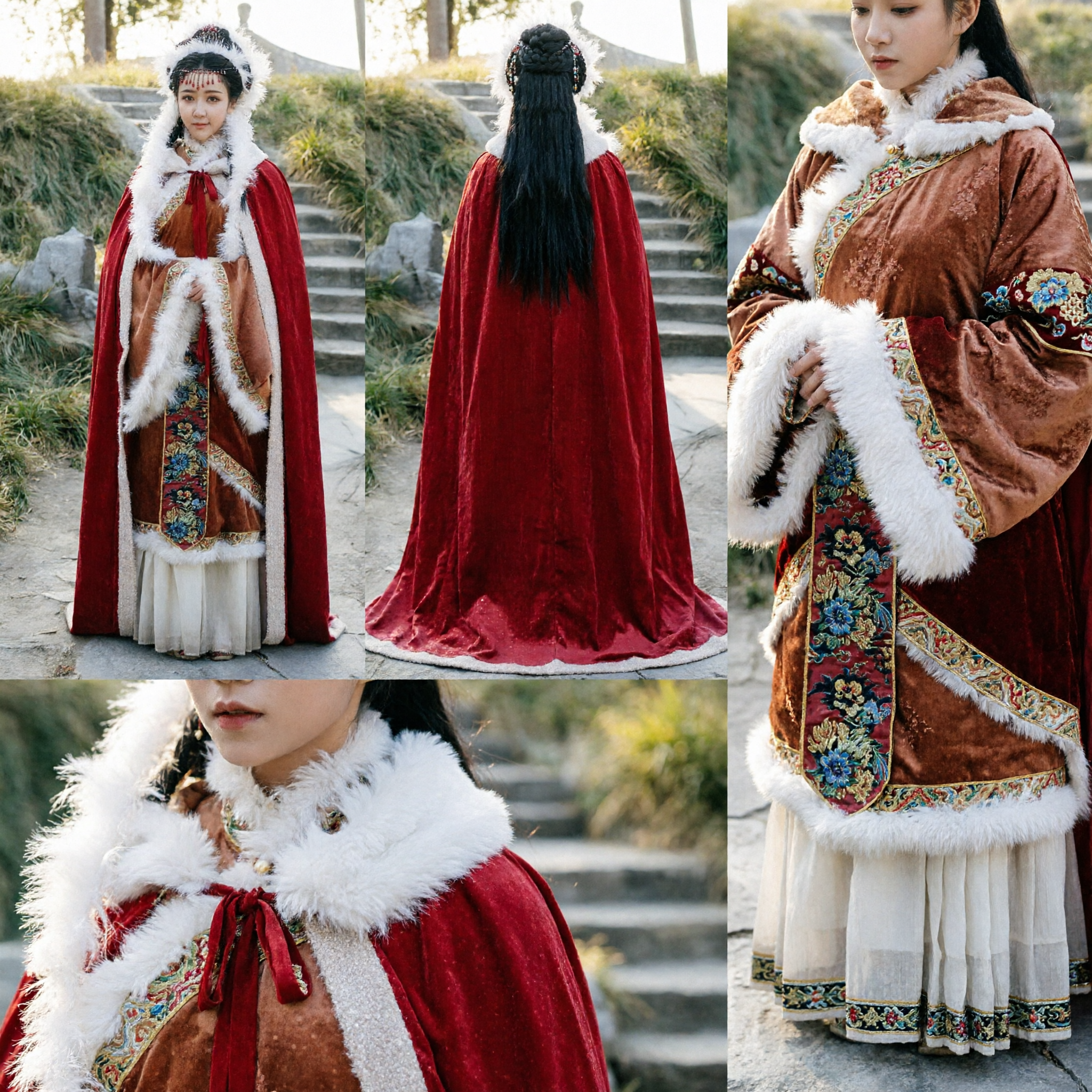 Traditional Chinese Hanfu Winter Cloak Red Fur Trim Ancient Noblewoman Costume for Women Performance