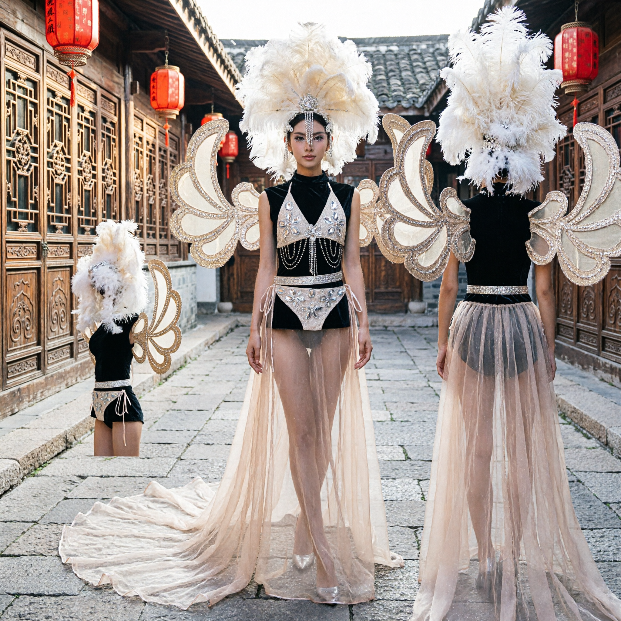 Professional Samba Carnival Showgirl Costume for Women with Feather Headdress Wings and Long Tulle Skirt for Stage