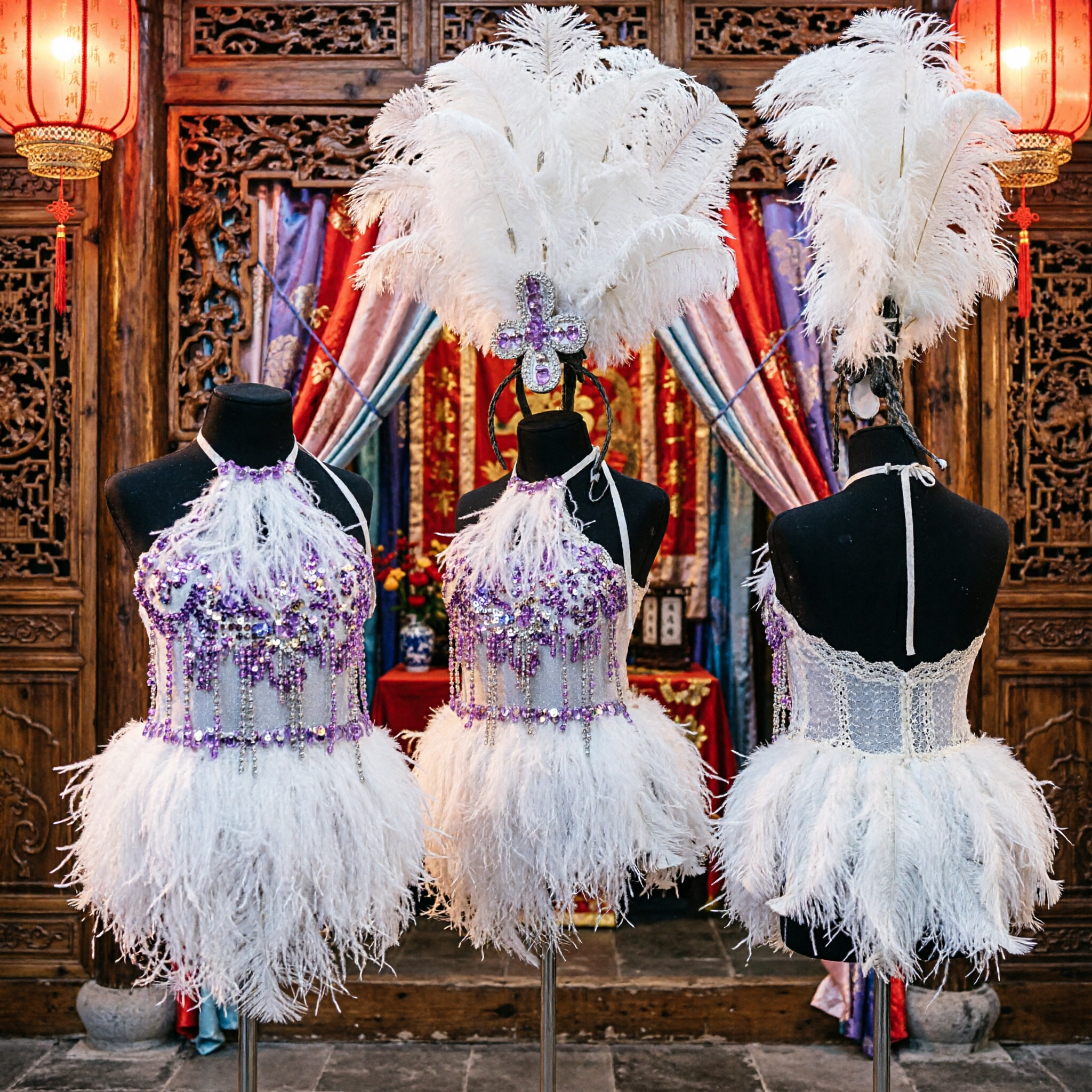 Adult White Feather Showgirl Headdress and Sequin Bodice Set for Carnival Samba Stage Performance