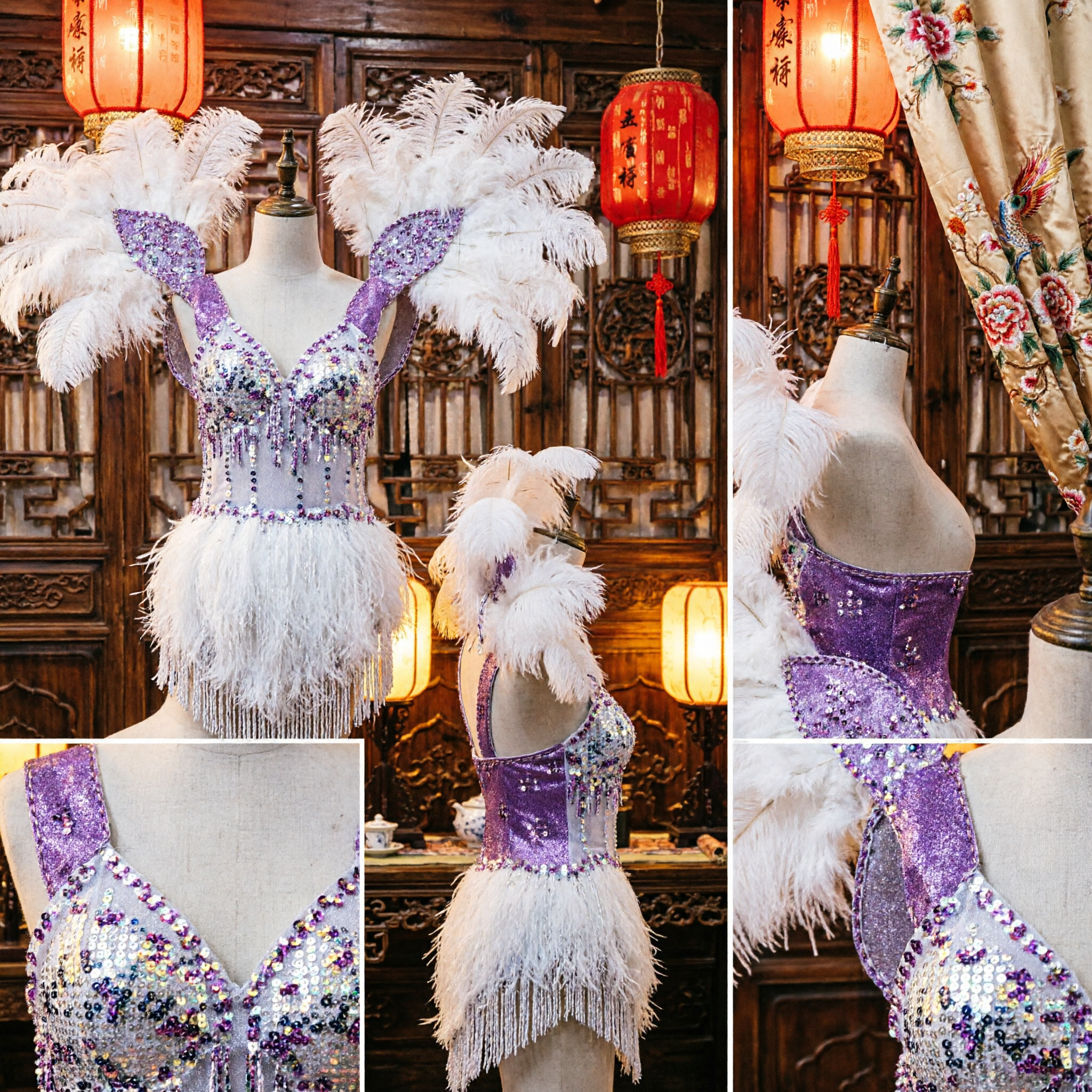 Professional Stage Performance Large White Feather Wing Backpiece Purple Sequin Carnival Samba Dance Costume for Women