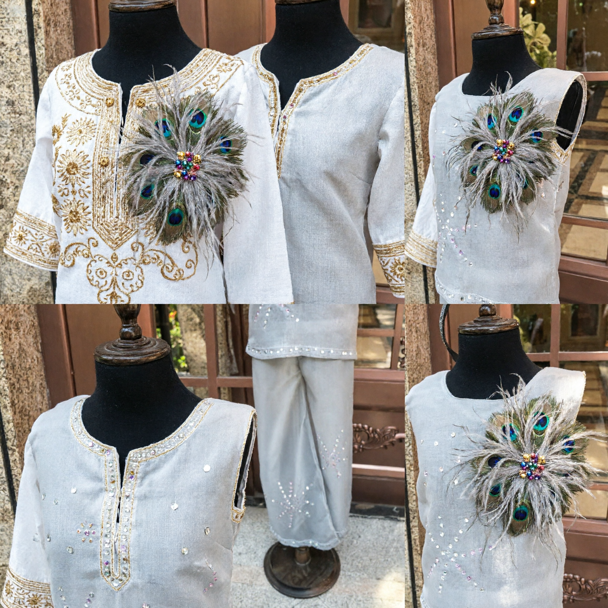 Traditional Chinese Opera Costume Gray Peacock Feather Sequin Top and Pants Set for Women Dance Performance