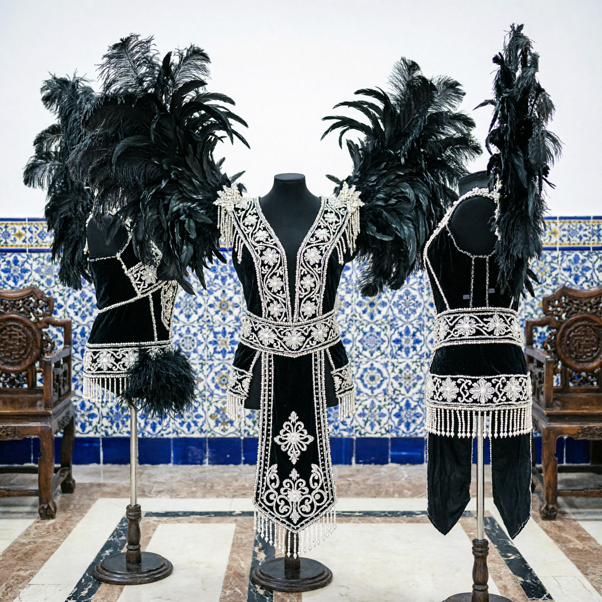 Professional Black Ostrich Feather Backpiece Headdress with Crystals for Carnival Samba Showgirl Stage Performance