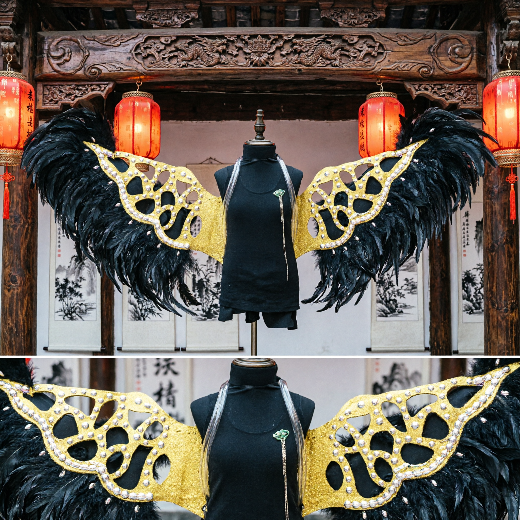 Women's Black Feather Wings with Gold Glitter Cutout Design for Brazilian Carnival Samba Dance Stage Show