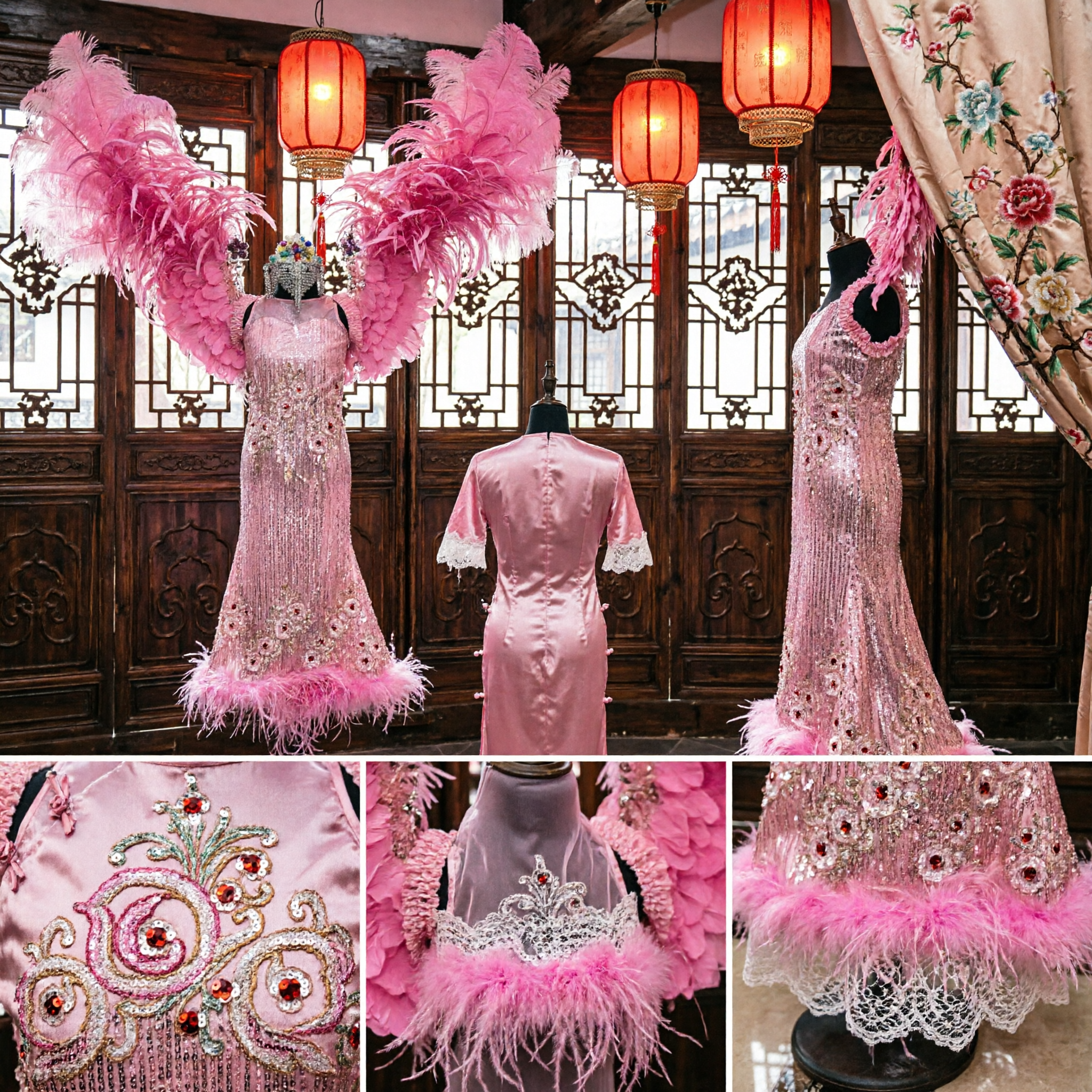 Women's Pink Feather Wings Showgirl Costume with Sequin Dress for Carnival Samba Stage Performance