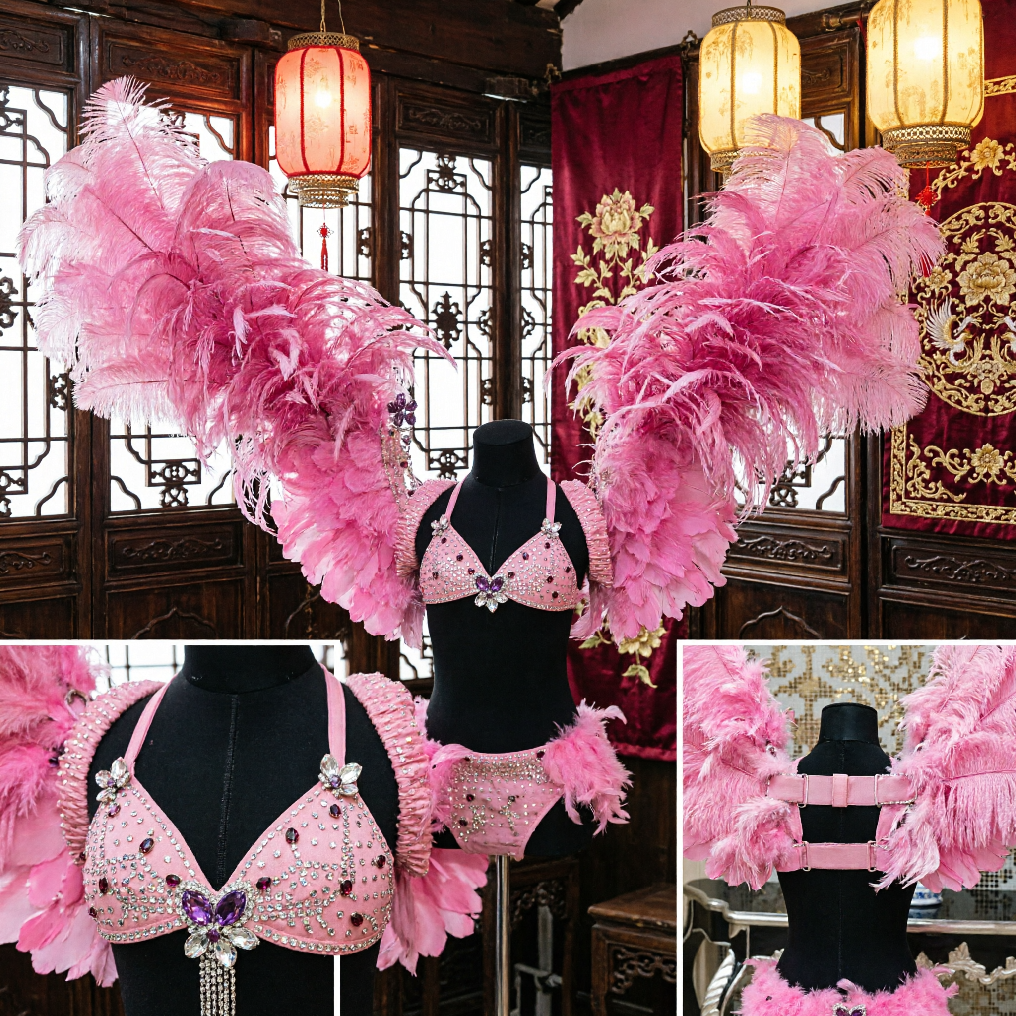Professional Hot Pink Feather Back Wings Headdress Set for Samba Carnival Showgirl Stage Performance