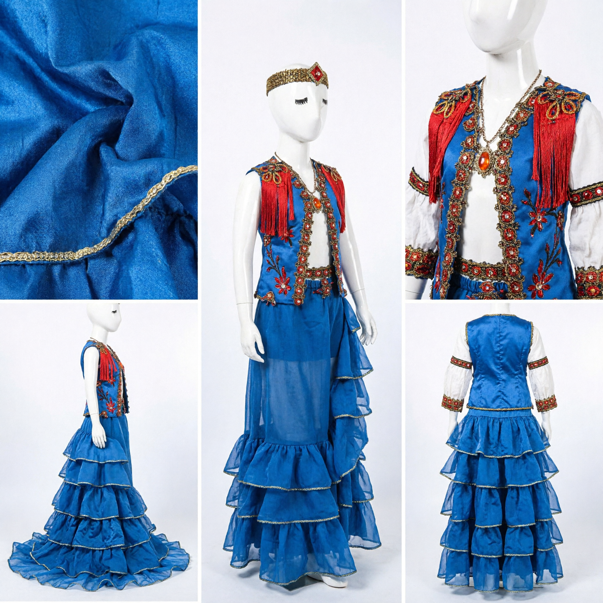 Traditional Folk Dance Costume for Women Blue Tiered Skirt Red Embroidered Vest and Headpiece Stage Performance Outfit