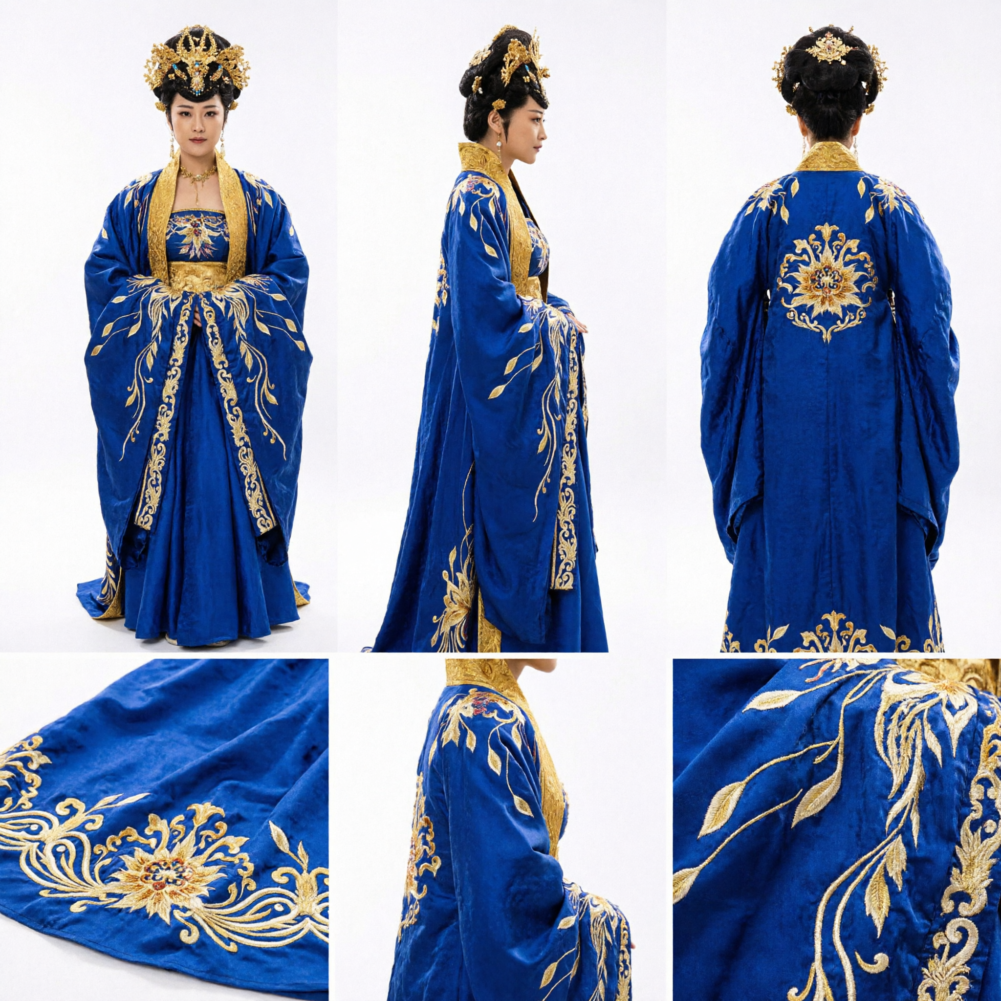 Ancient Chinese Royal Blue Hanfu Costume Gold Embroidered Court Dress for Women Cosplay Performance