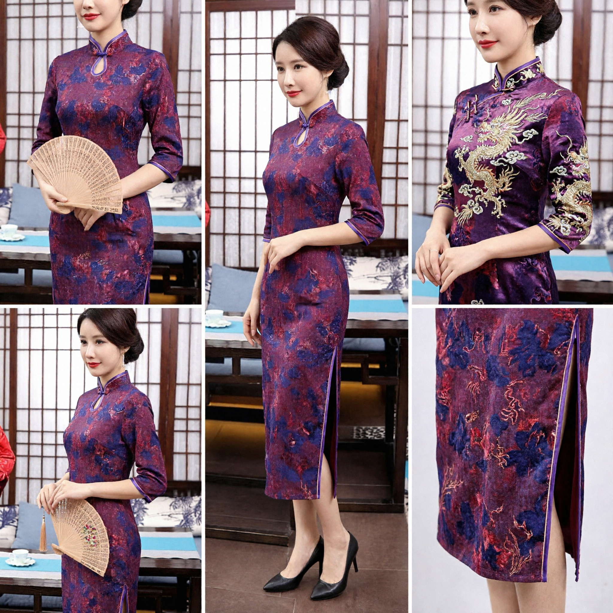 Elegant Purple Floral Qipao Dress Traditional Chinese Cheongsam with Mandarin Collar for Wedding Party Formal Occasions