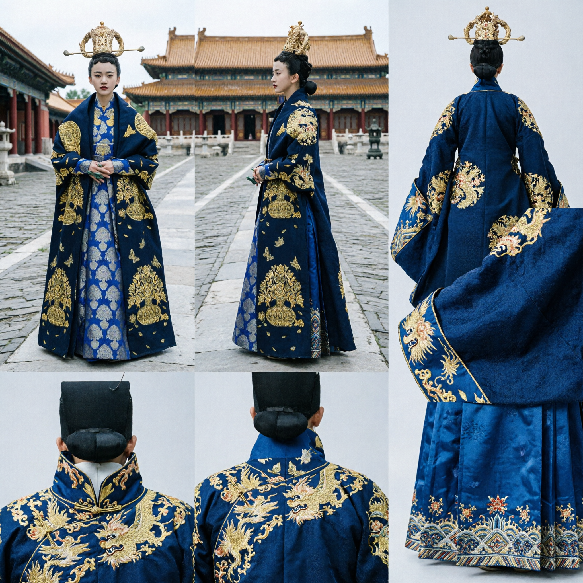 Ancient Chinese Ming Dynasty Empress Costume Blue Gold Phoenix Embroidery Hanfu Dress for Women Cosplay