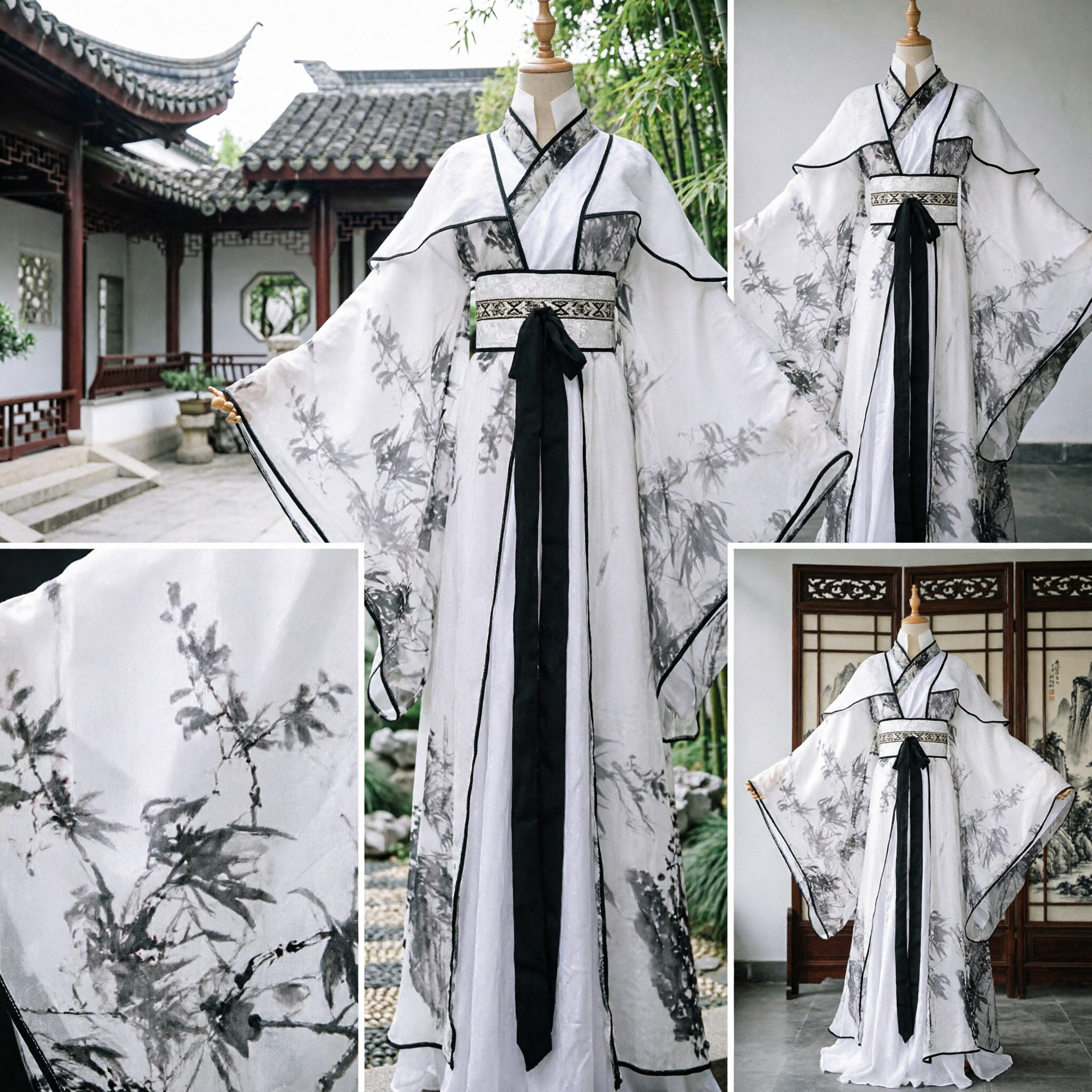 Traditional Chinese Hanfu Men's Clothing White Bamboo Ink Wash Painting Robe Ancient Swordsman Costume for Cosplay