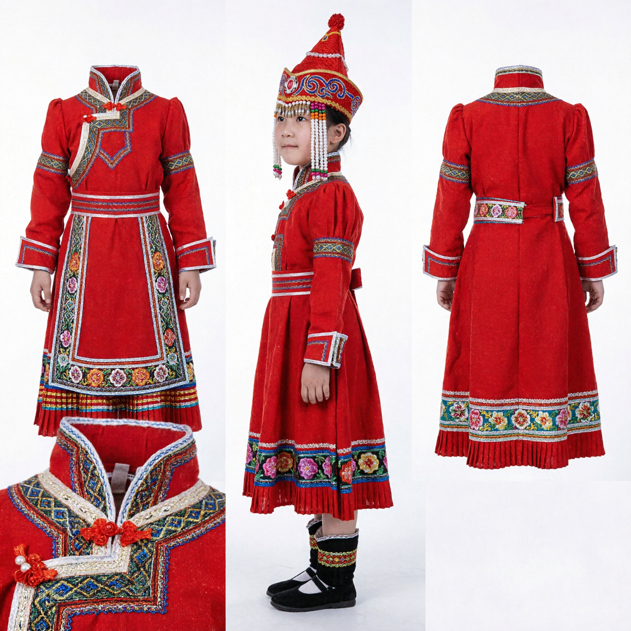 Traditional Mongolian Red Dance Costume for Girls Kids Folk Performance Dress with Embroidered Hat