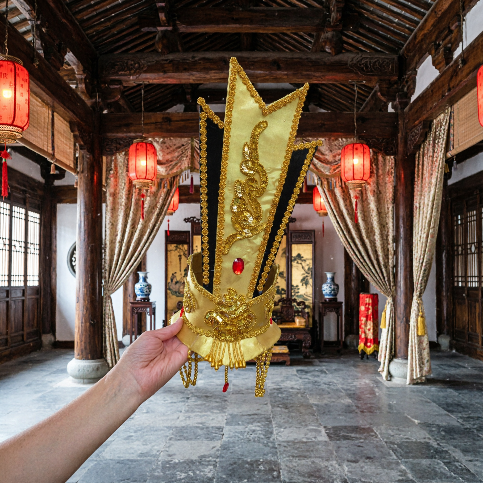 Traditional Chinese Opera Gold Crown Headpiece for Emperor Character Stage Performance and Cultural Show Costume