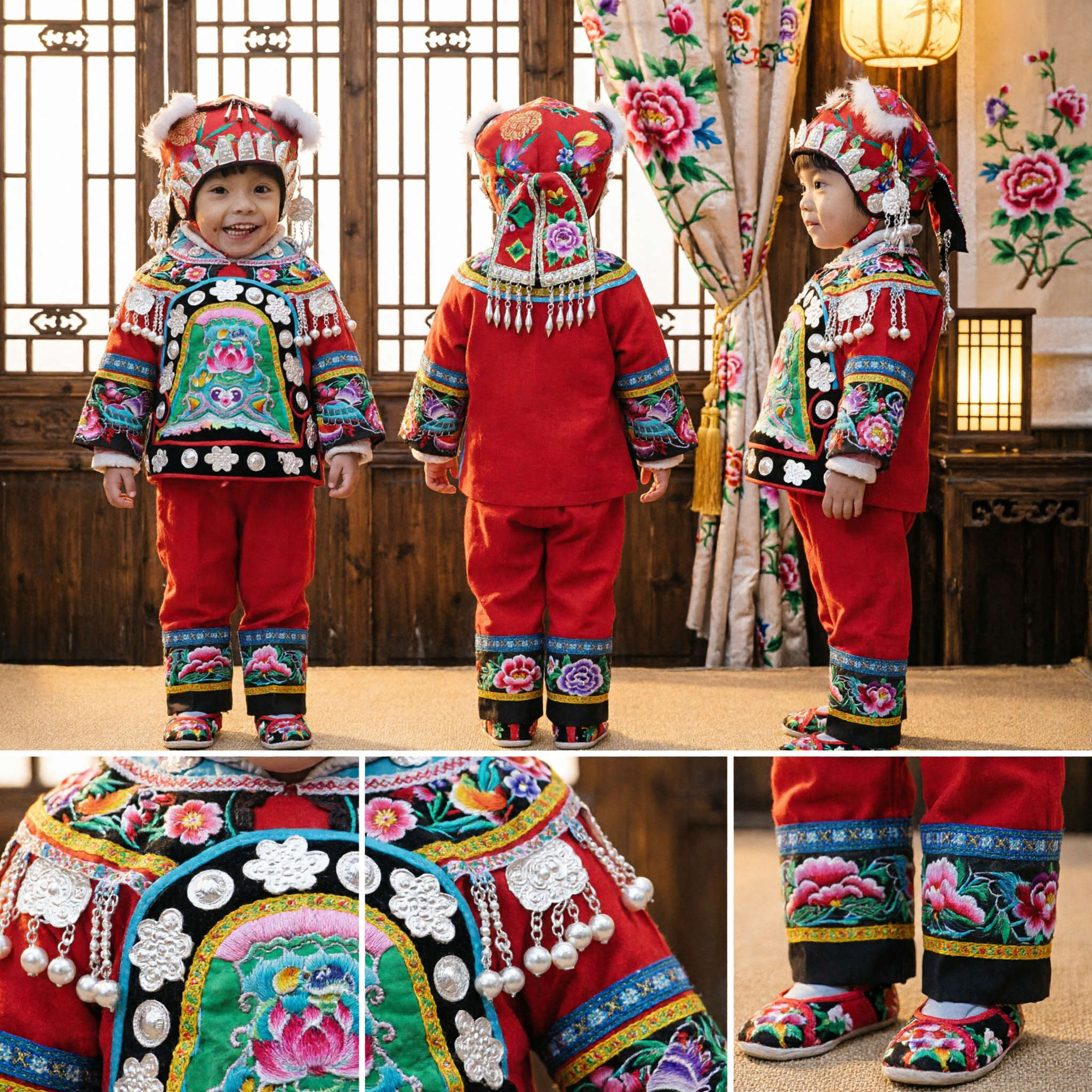 Baby Traditional Chinese Ethnic Costume Winter Warm Embroidery Set with Tiger Hat for New Year Festival