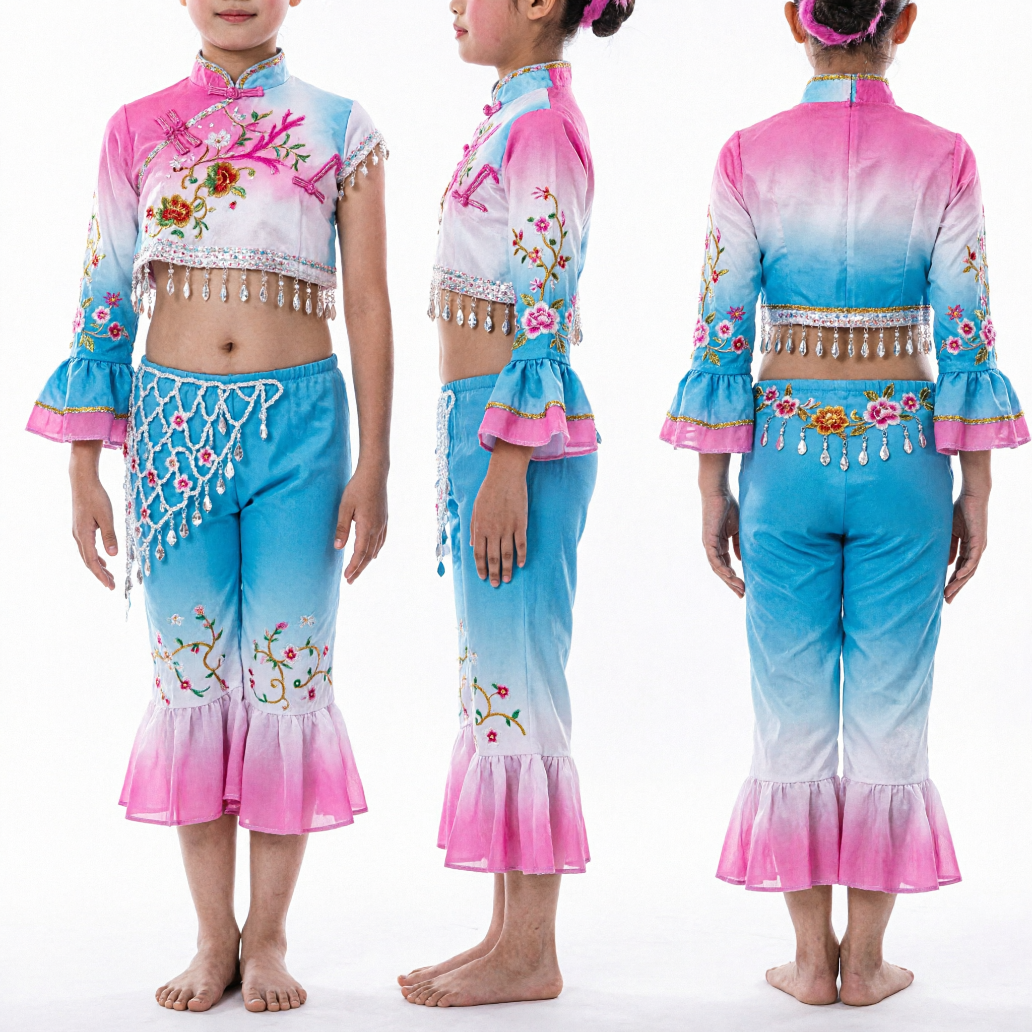 Children Girls Chinese Folk Dance Costume Pink Blue Fishtail Pants Stage Performance Outfit for Competition