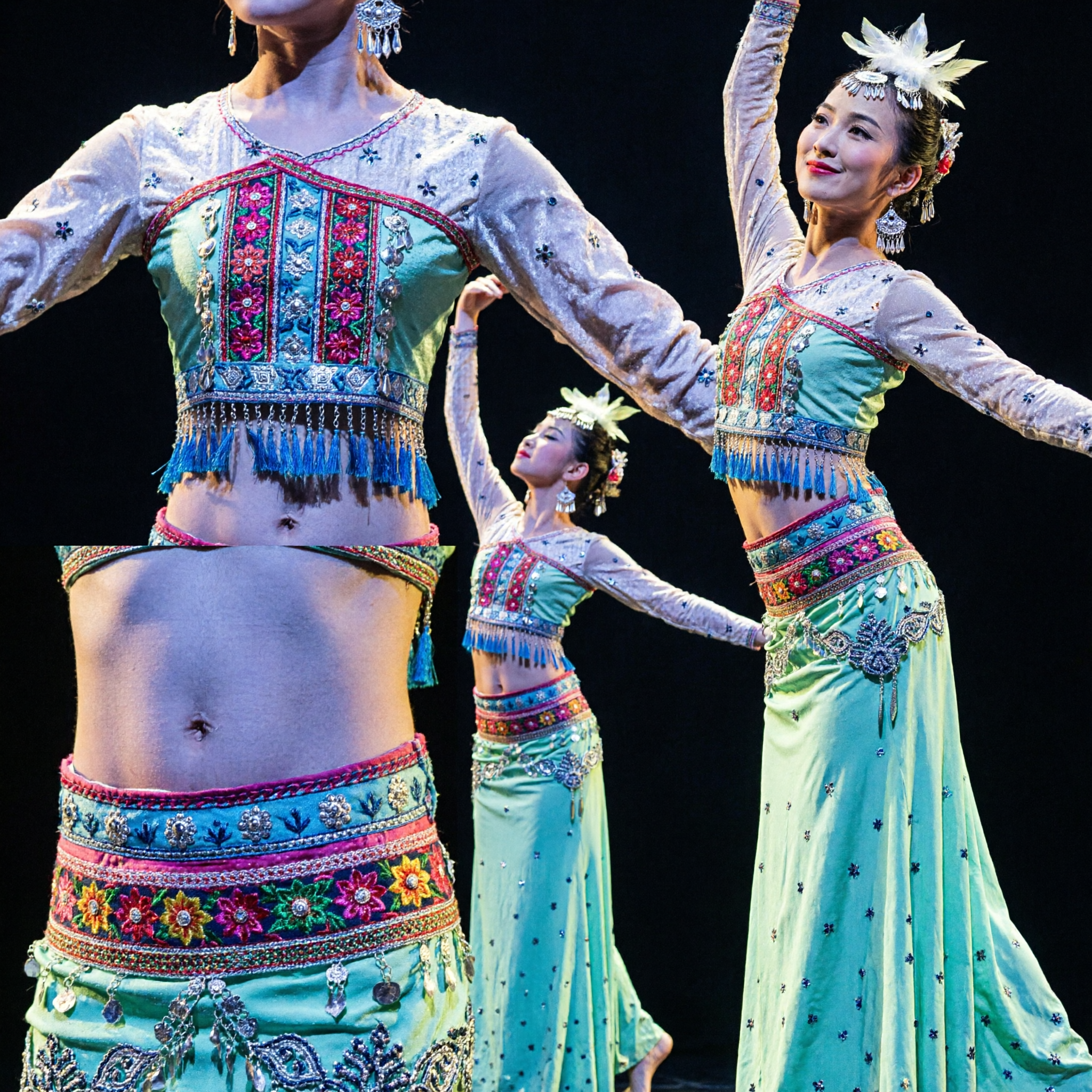 Professional Chinese Folk Dance Costume Women's Green Umbrella Dress Traditional Stage Performance Attire