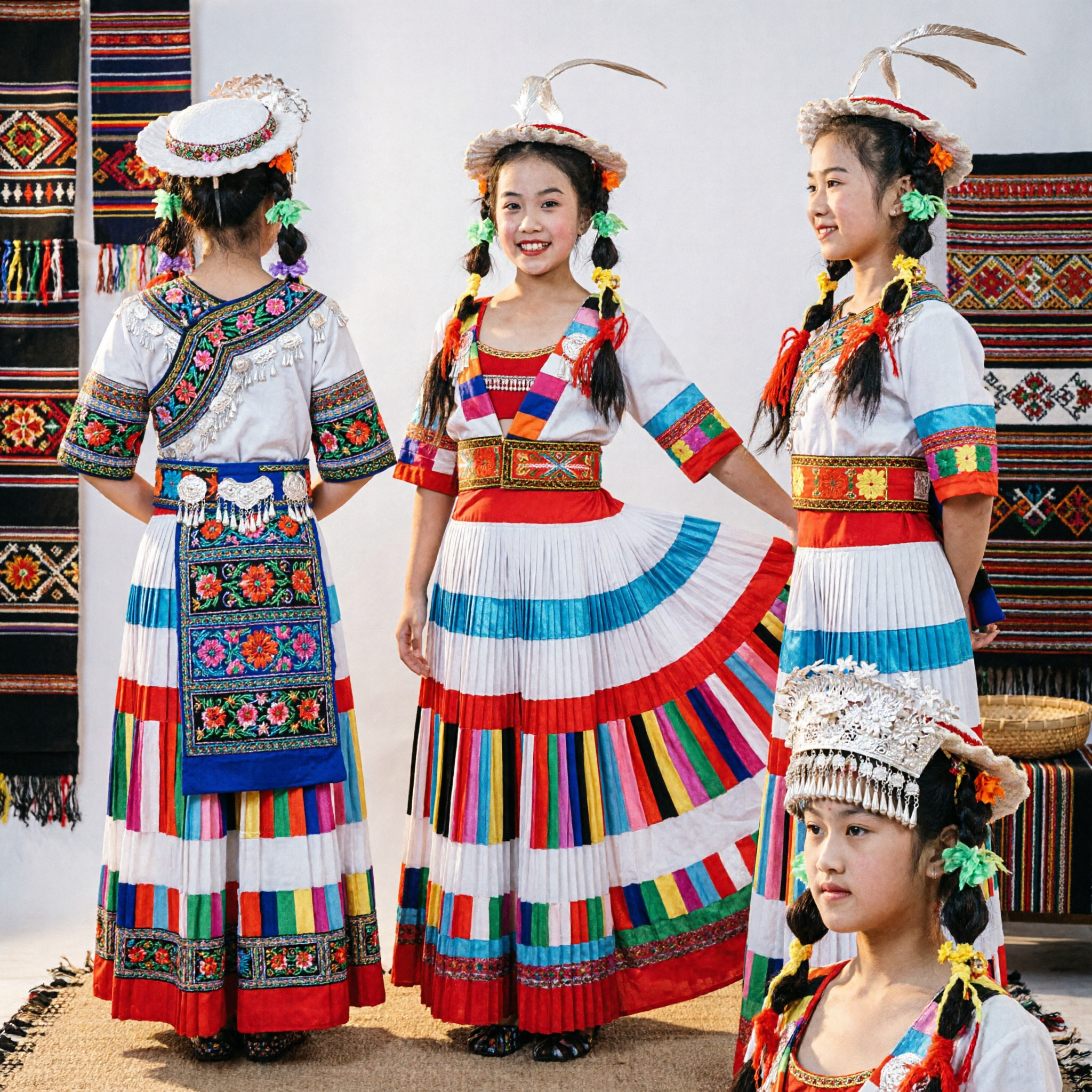 Traditional Chinese Folk Dance Costume for Women Colorful Striped Tibetan Style Stage Performance Dress Complete Set