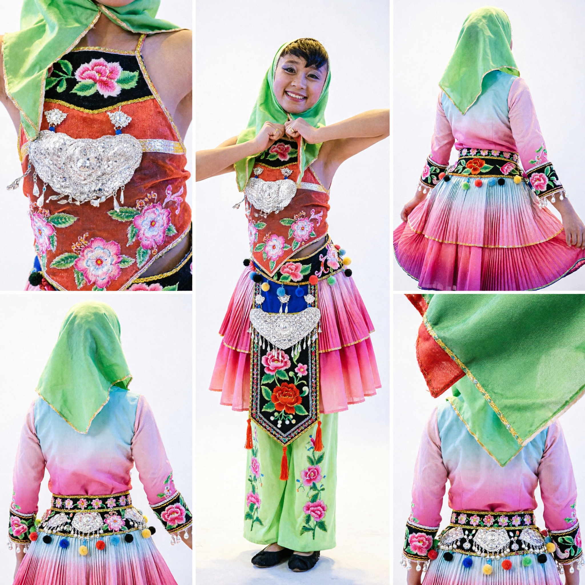 Traditional Chinese Folk Dance Costume for Women Red Floral Vest Green Trousers Headscarf Stage Performance Outfit