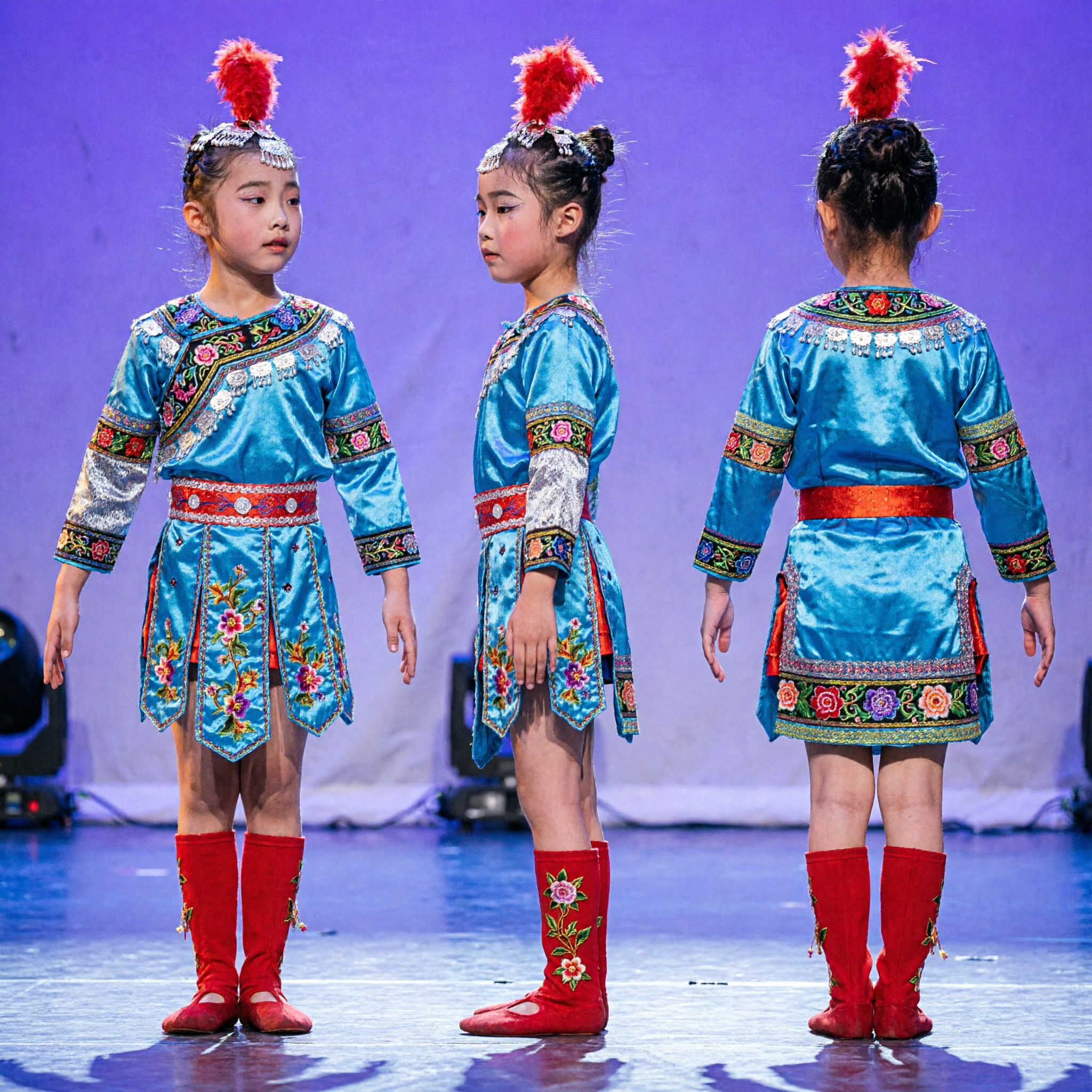 Girls Blue Floral Chinese Folk Dance Costume Kids Yangge Drum Dance Stage Performance Outfit