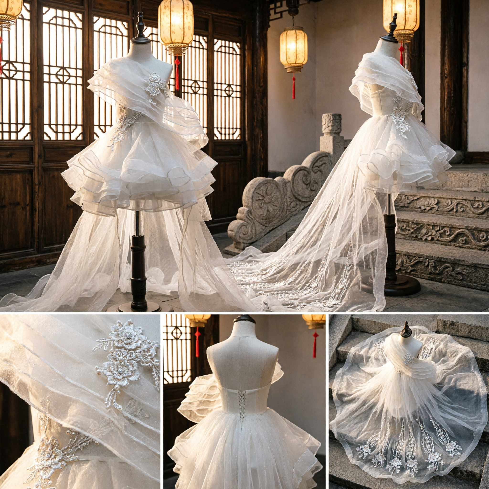 Champagne One-Shoulder Ruffled Tulle Stage Performance Dress with Long Train for Singers and Hosts