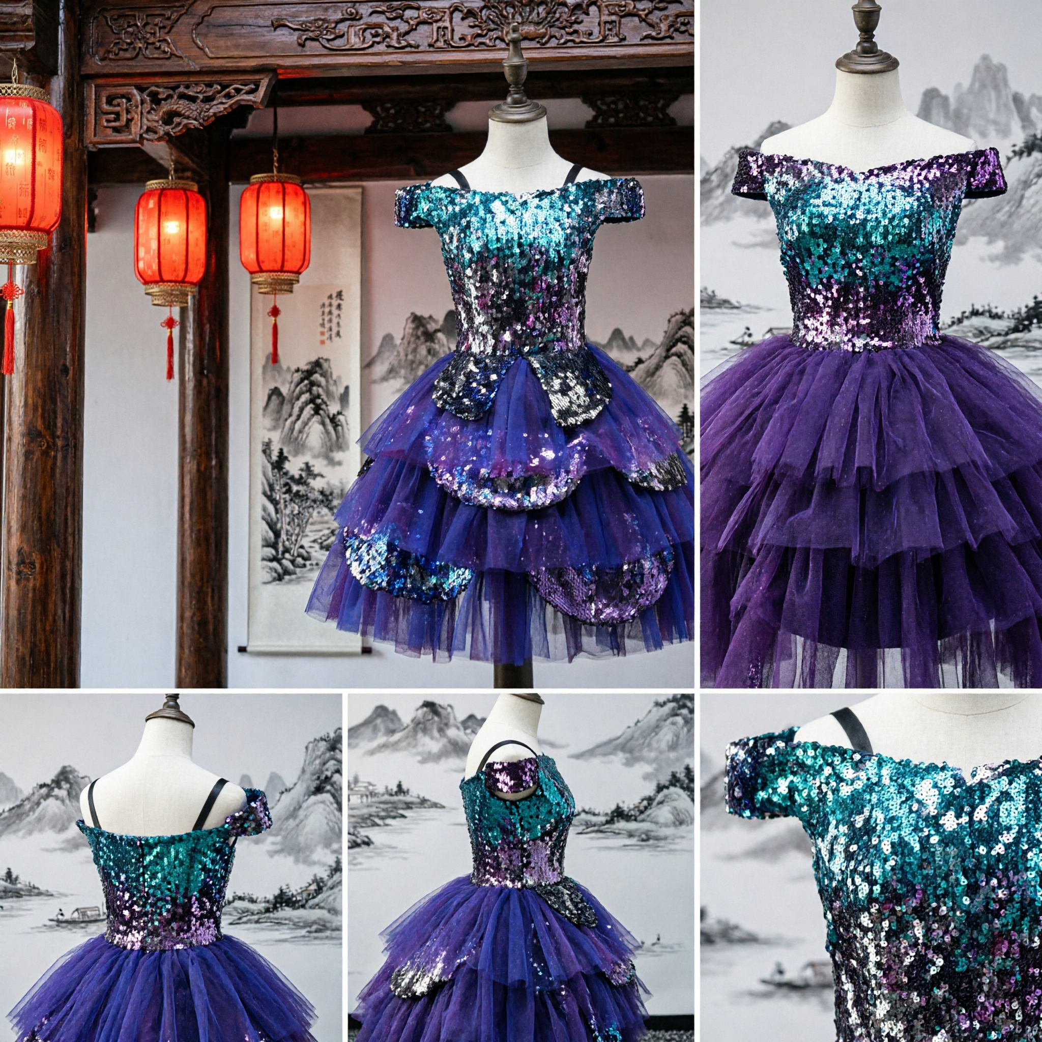 Royal Blue Purple Sequin Ballet Tutu Dress for Girls Stage Dance Performance Costume