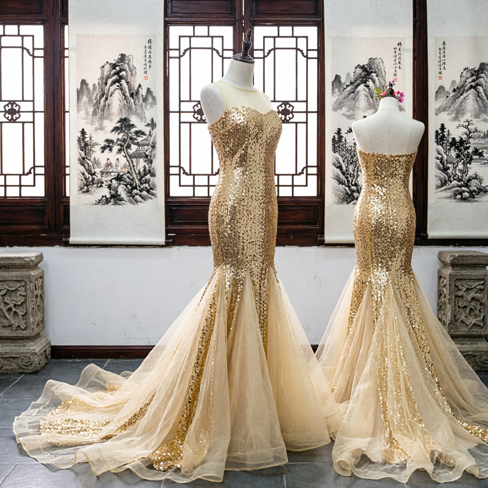 Elegant Gold Sequined Mermaid Evening Gown Strapless Prom Dress for Women Formal Pageant Party Wear