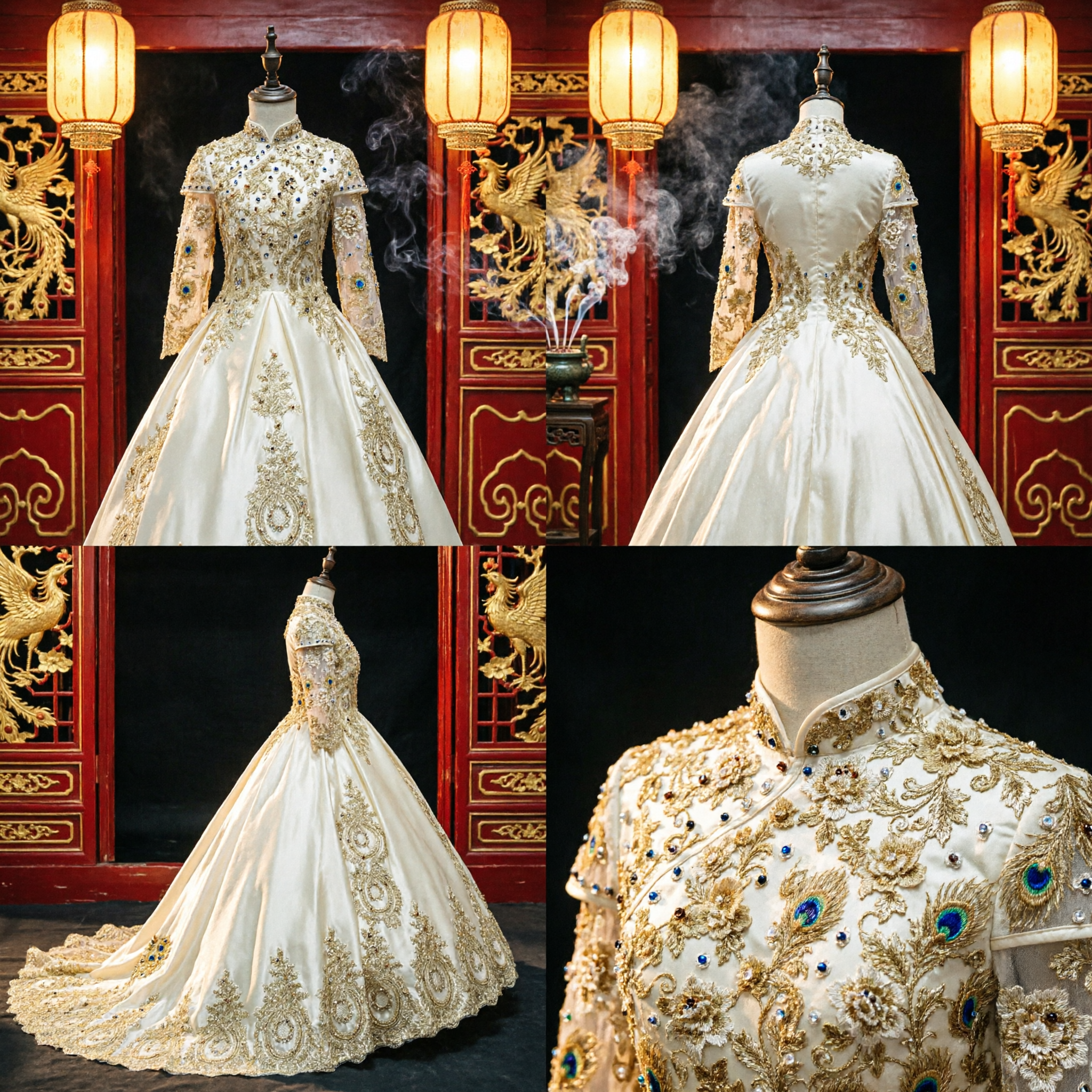 Exquisite Gold Embroidery Chinese Wedding Dress High Neck Ballgown Traditional Fusion Gown for Bride