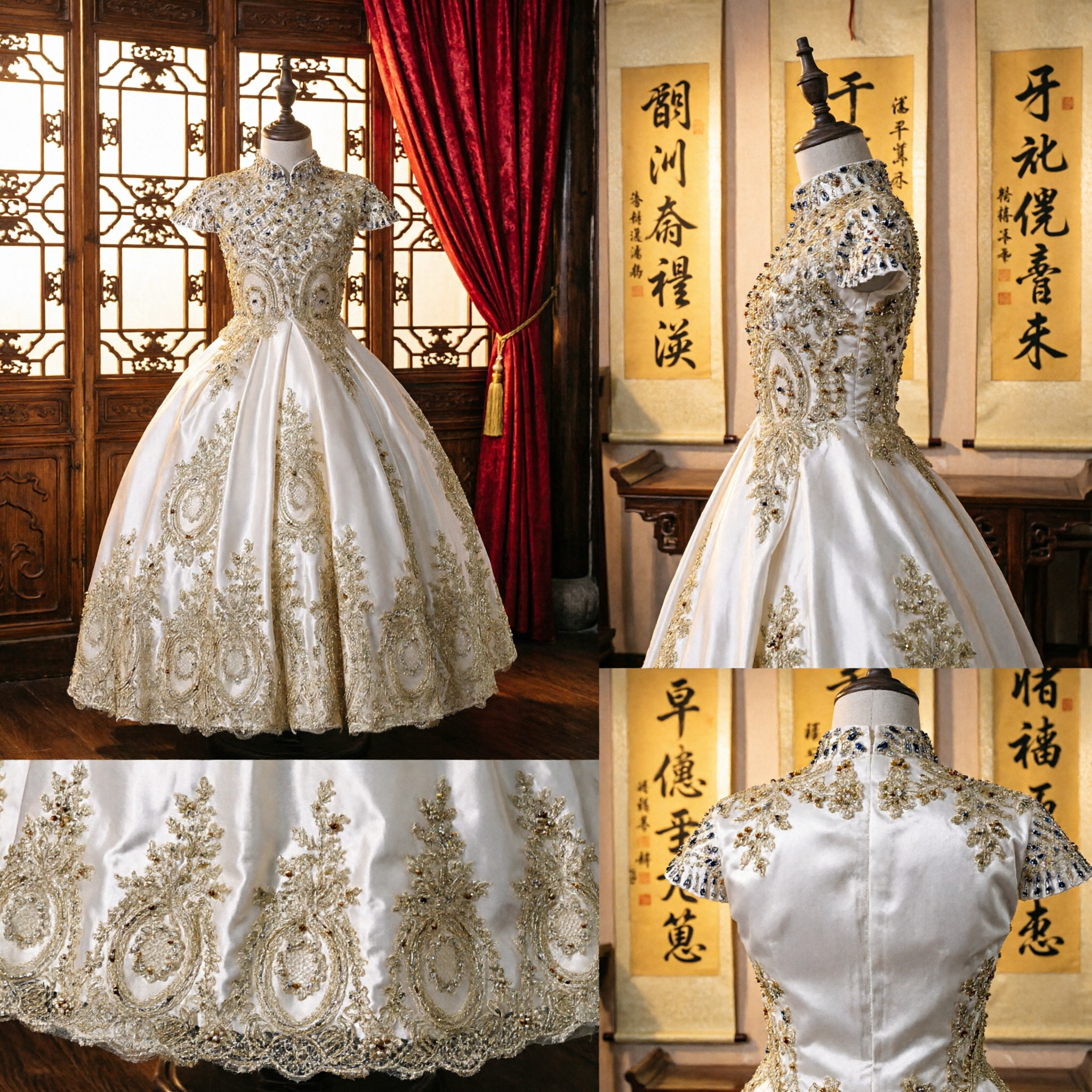 Luxury Gold Embroidery Chinese Wedding Dress Traditional Ballgown Bride Gown Mandarin Collar Cheongsam Style