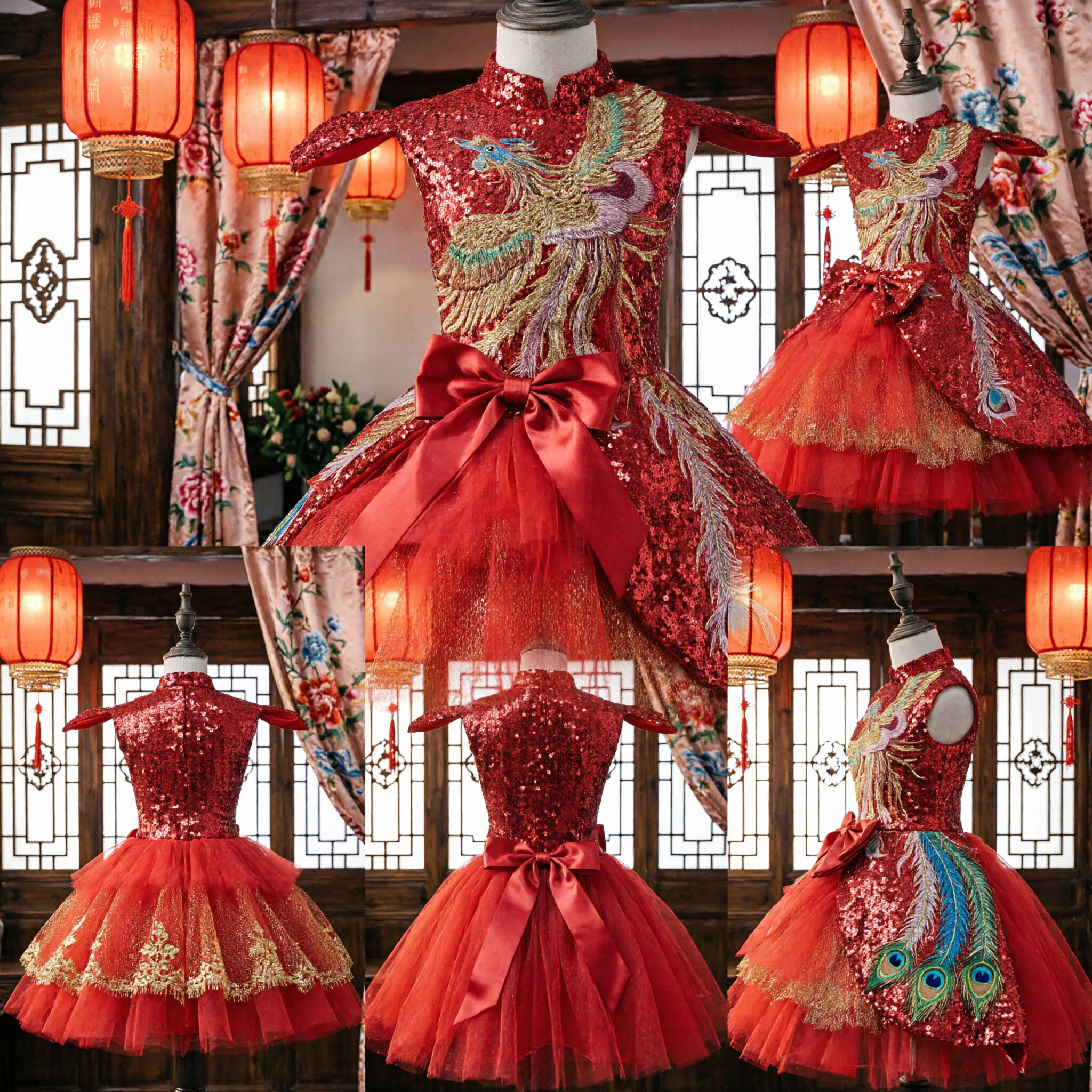 Traditional Red Chinese Cheongsam Dress for Girls Phoenix Embroidery Tutu Skirt Wedding Party Gown