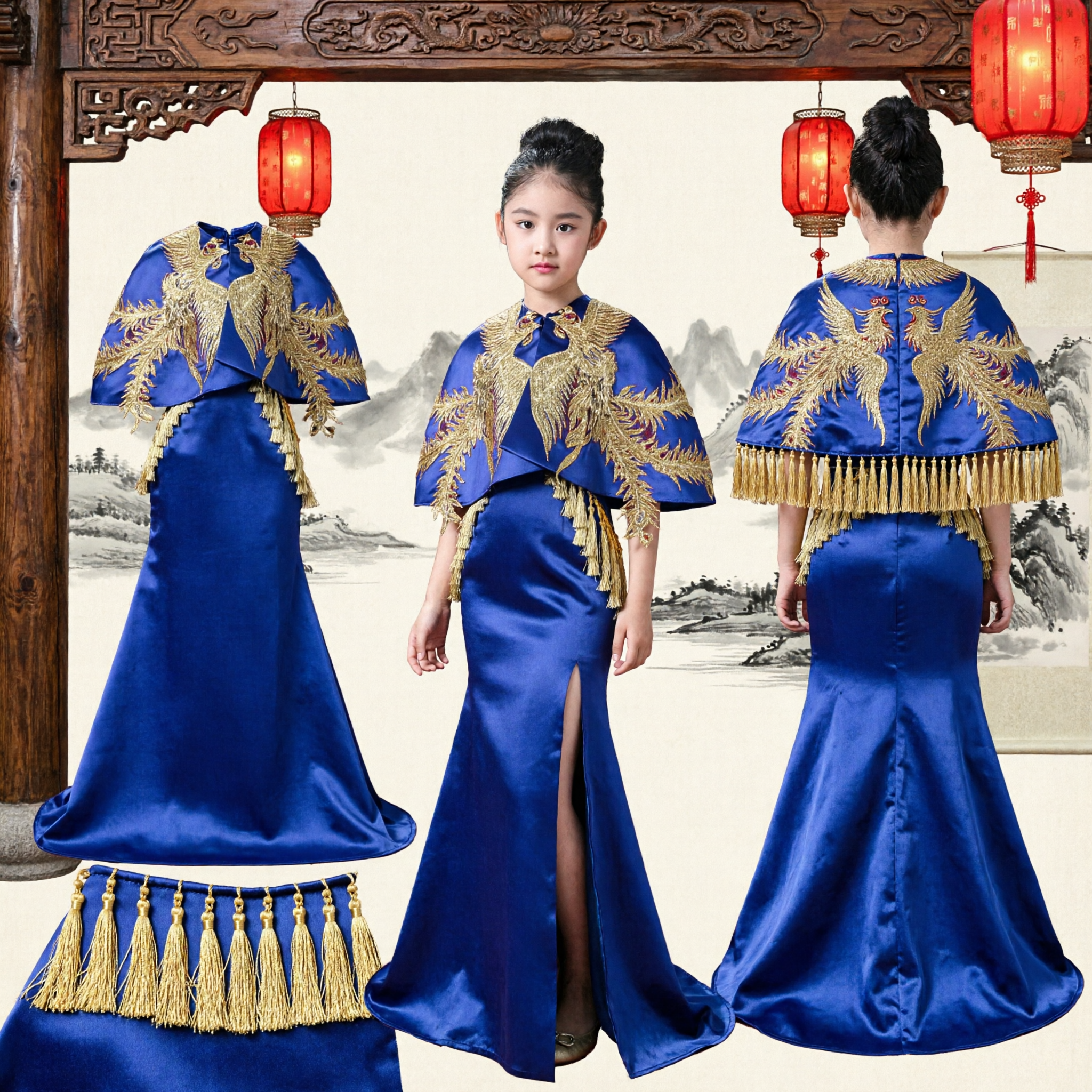 Royal Blue Traditional Chinese Style Evening Gown for Kids with Gold Embroidery Cape for Stage Performance Hosting