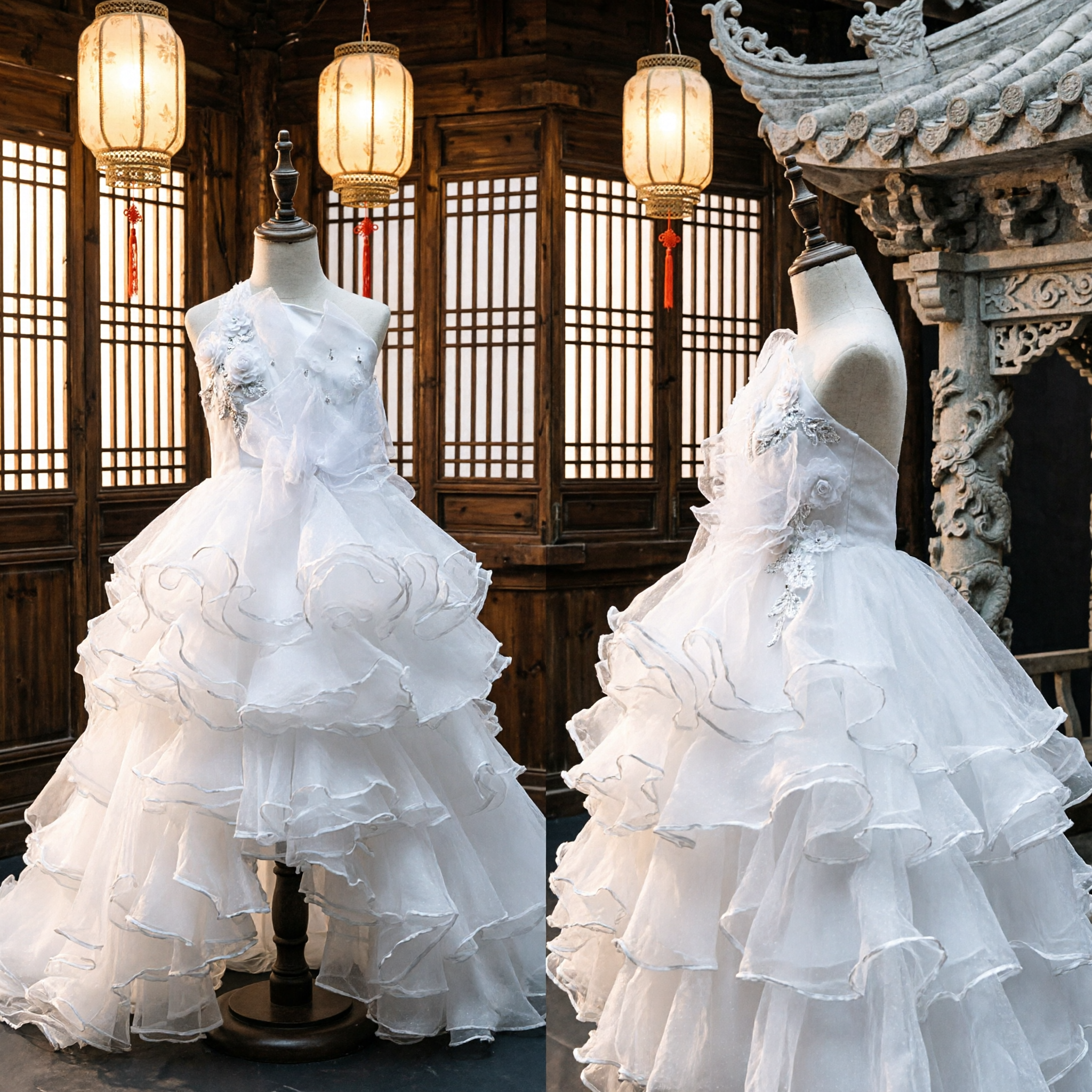 White Flower Girl Dress Ruffled Tulle High-Low Ball Gown Kids Wedding Pageant Formal Party Wear