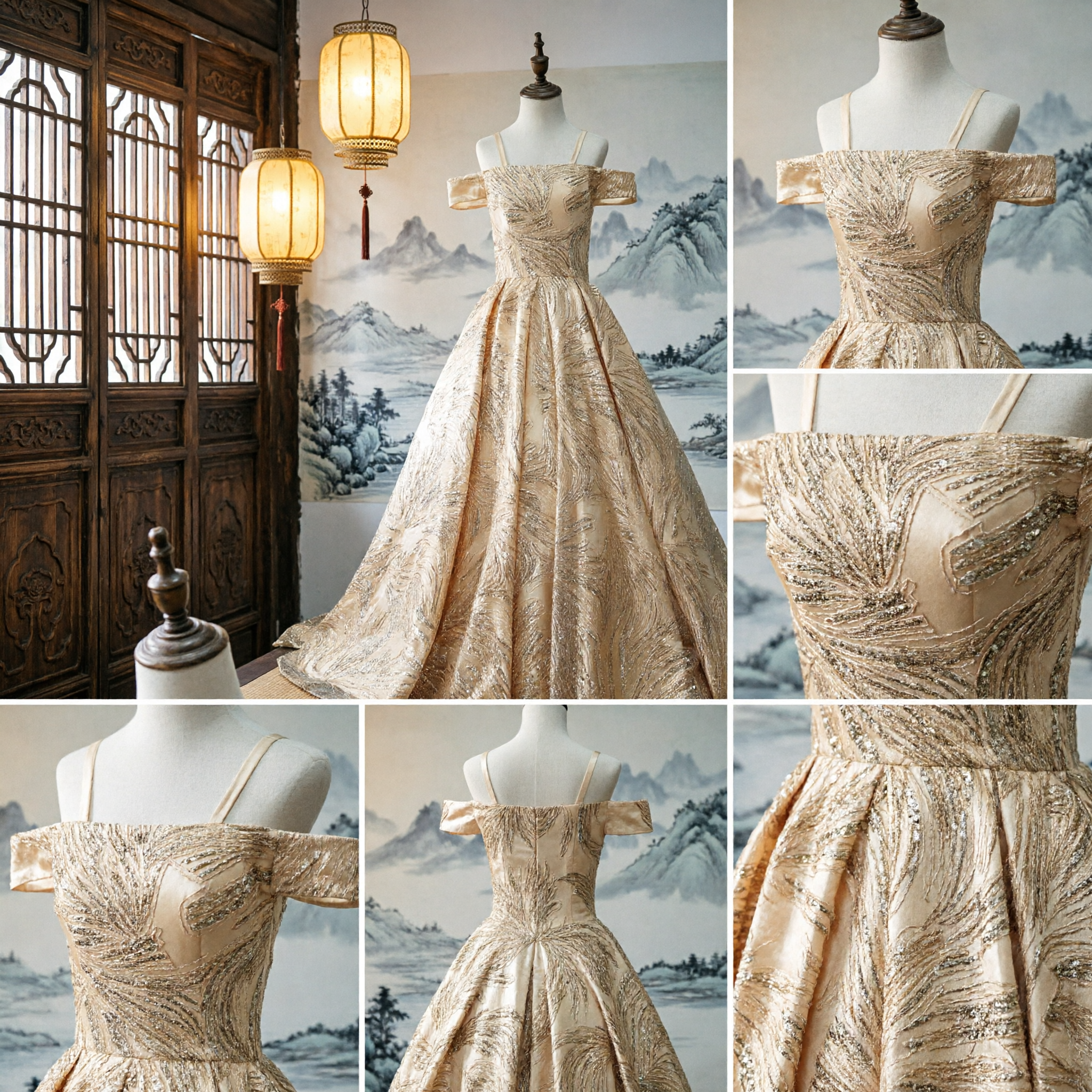 Elegant Gold Sequin Off-the-Shoulder Ball Gown Long Formal Prom Evening Dress for Women