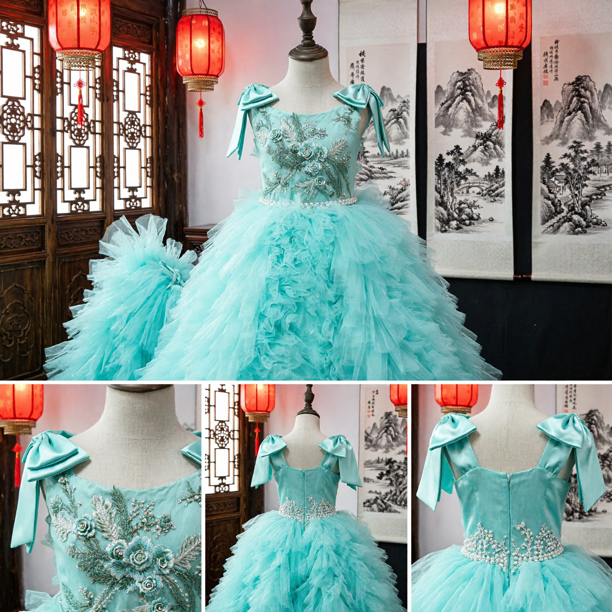 Elegant Teal Flower Girl Dress Princess Ball Gown with Floral Bows for Kids Wedding Pageant