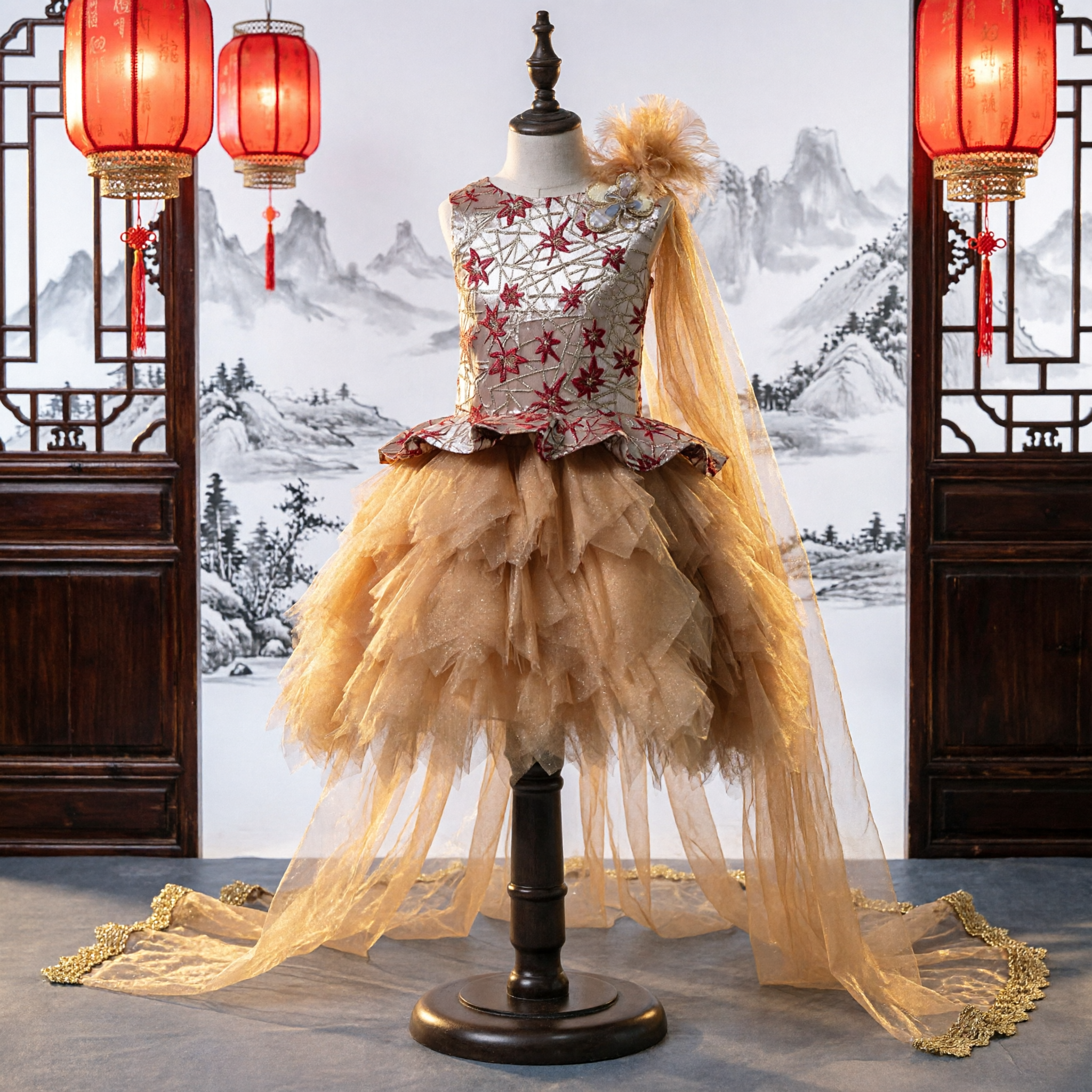 Girls Gold Chinese Traditional Stage Dance Costume Embroidered Peplum Top Layered Tulle Skirt Performance Outfit