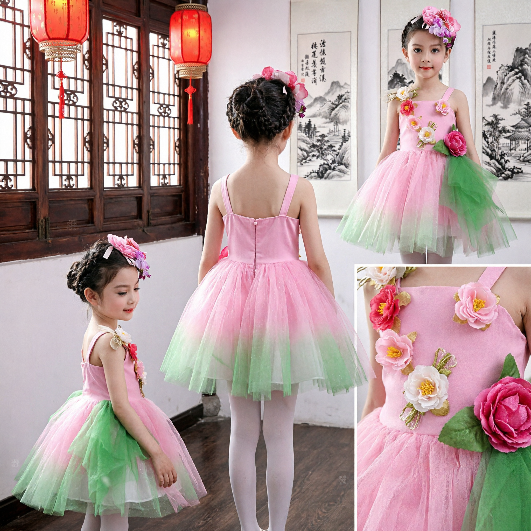 Girls Pink Floral Tutu Dress Kids Flower Fairy Ballet Dance Stage Performance Costume