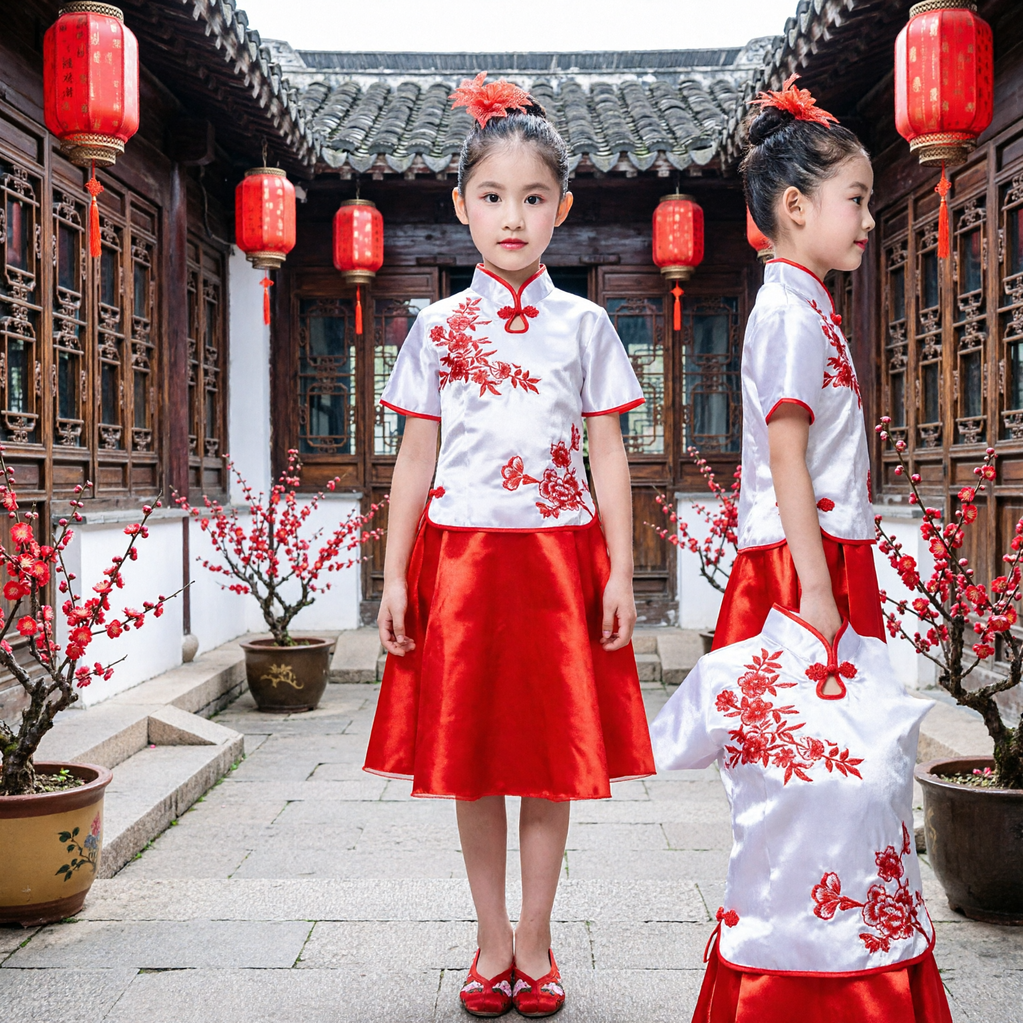 Girls Traditional Chinese Costume White Floral Embroidery Cheongsam Top Red Skirt Set Kids Performance Dance Wear