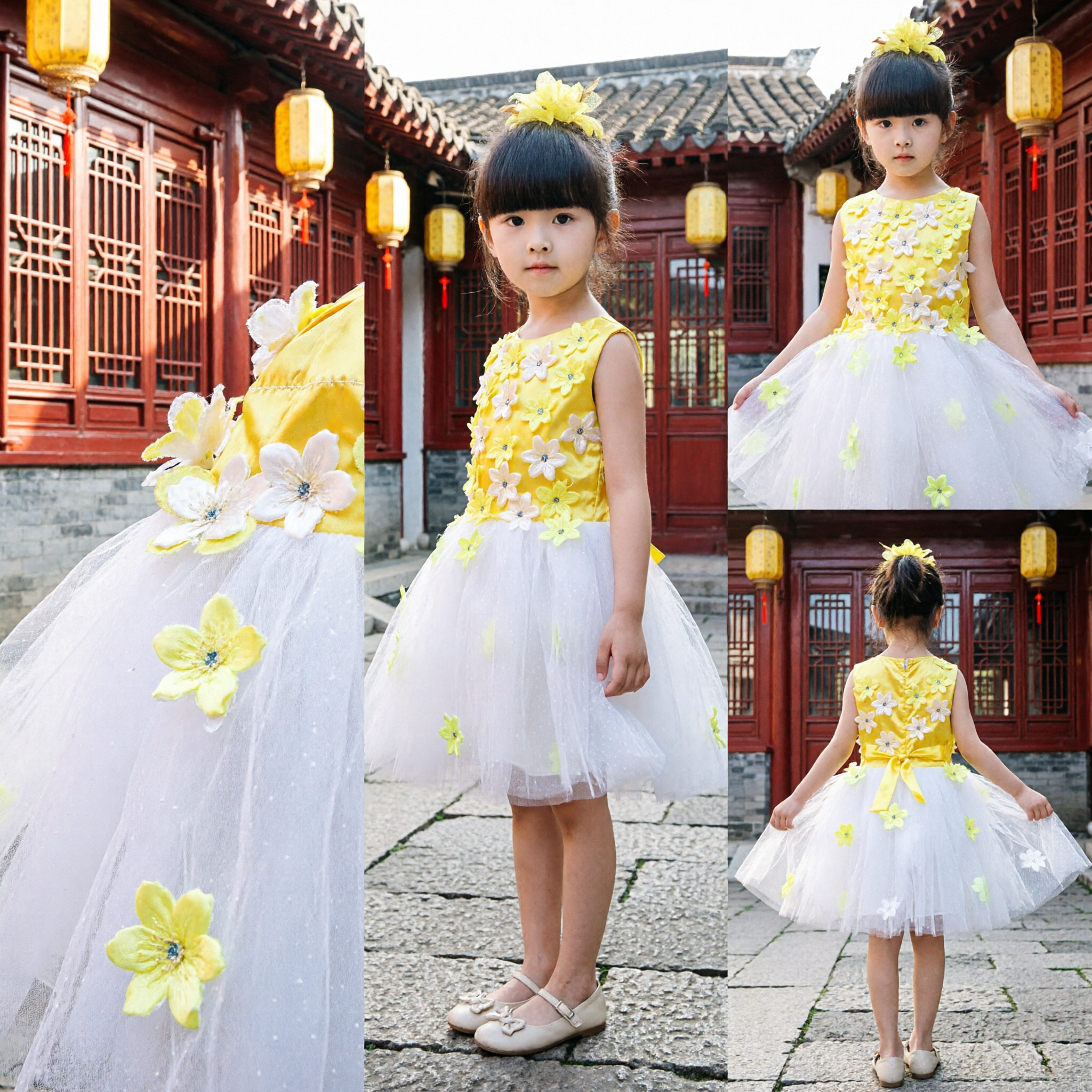 Girls Yellow Floral Sleeveless Tulle Dress Stage Performance Dance Recital Party Costume