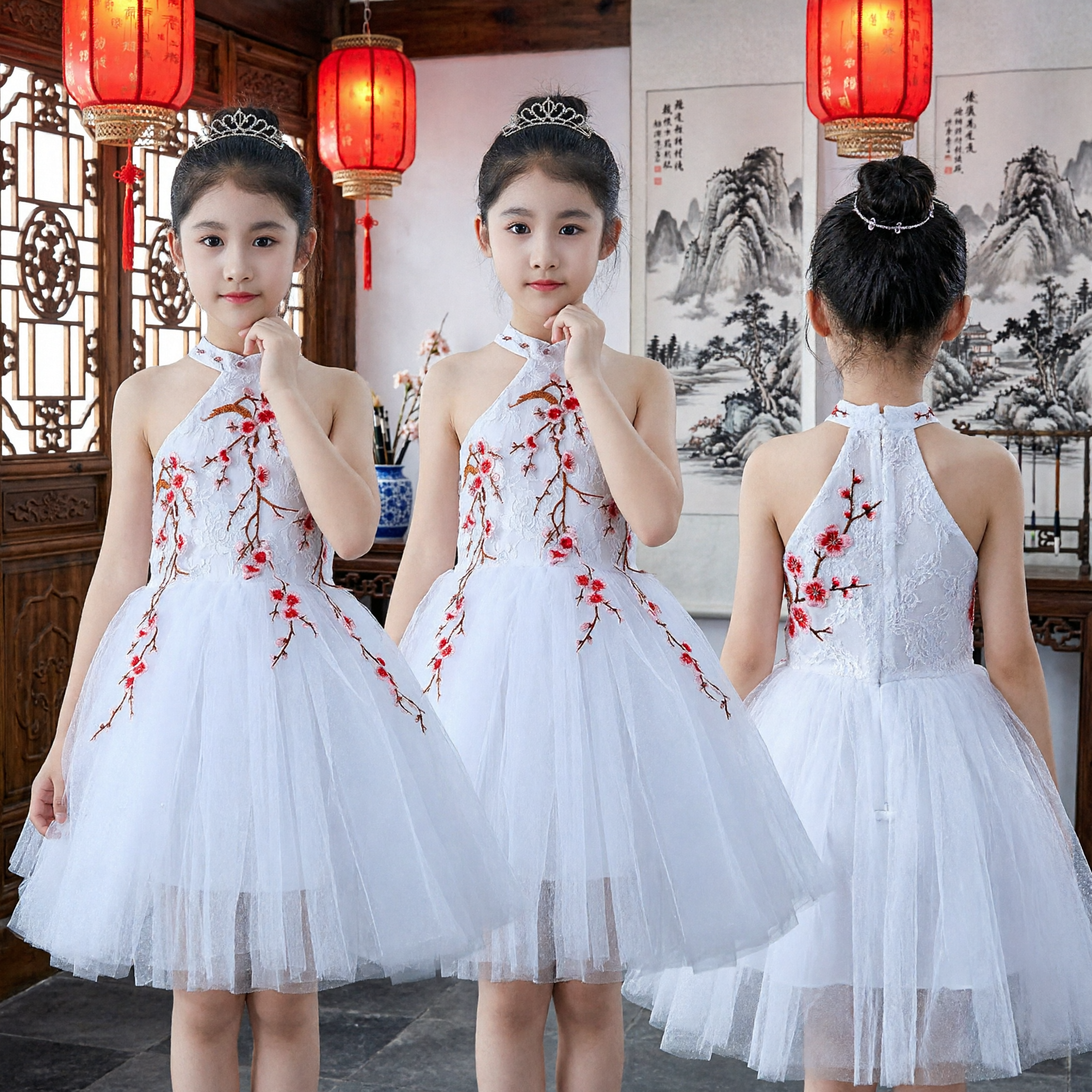 Girls White Plum Blossom Embroidery Dress Traditional Chinese Halter Neck Tulle Princess Gown for Stage Performance