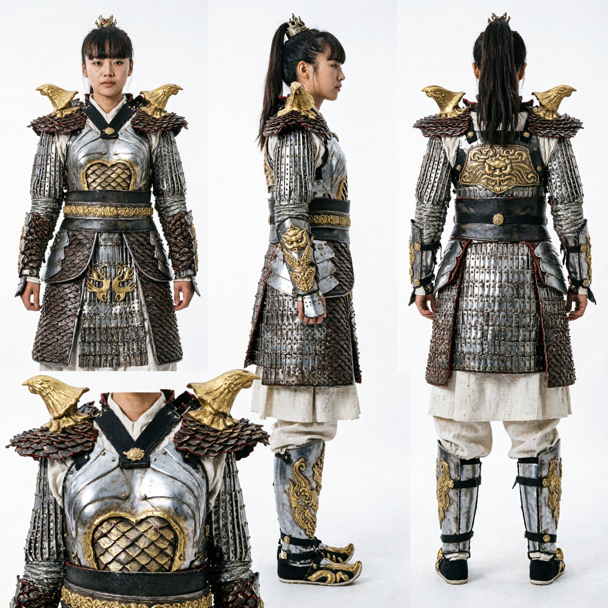 Ancient Chinese Female General Armor Cosplay Costume with Gold Eagle Shoulder Pads for Women