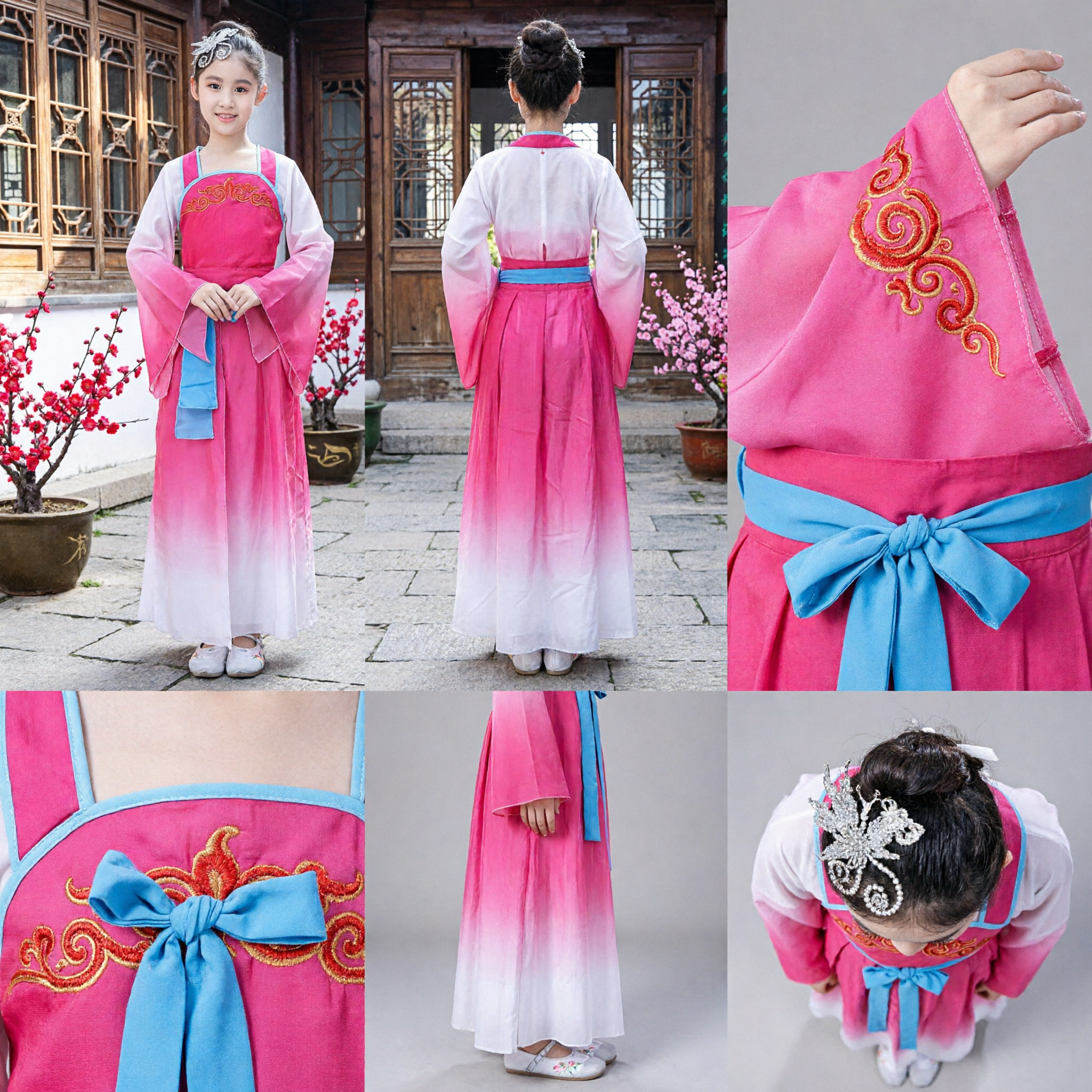Traditional Chinese Hanfu Costume for Girls Pink Gradient Ancient Dress for Kids Dance Performance