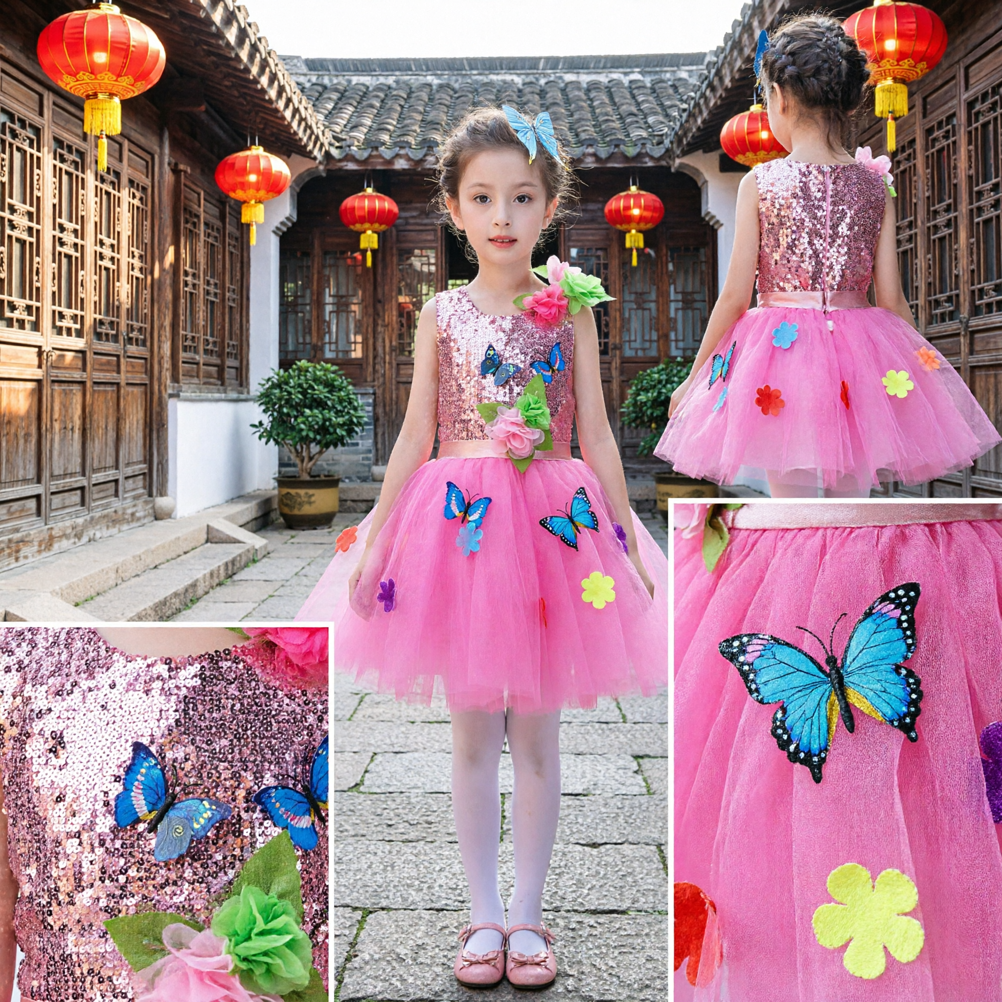Girls Pink Sequin Butterfly Tutu Dress Children Spring Garden Fairy Dance Performance Costume