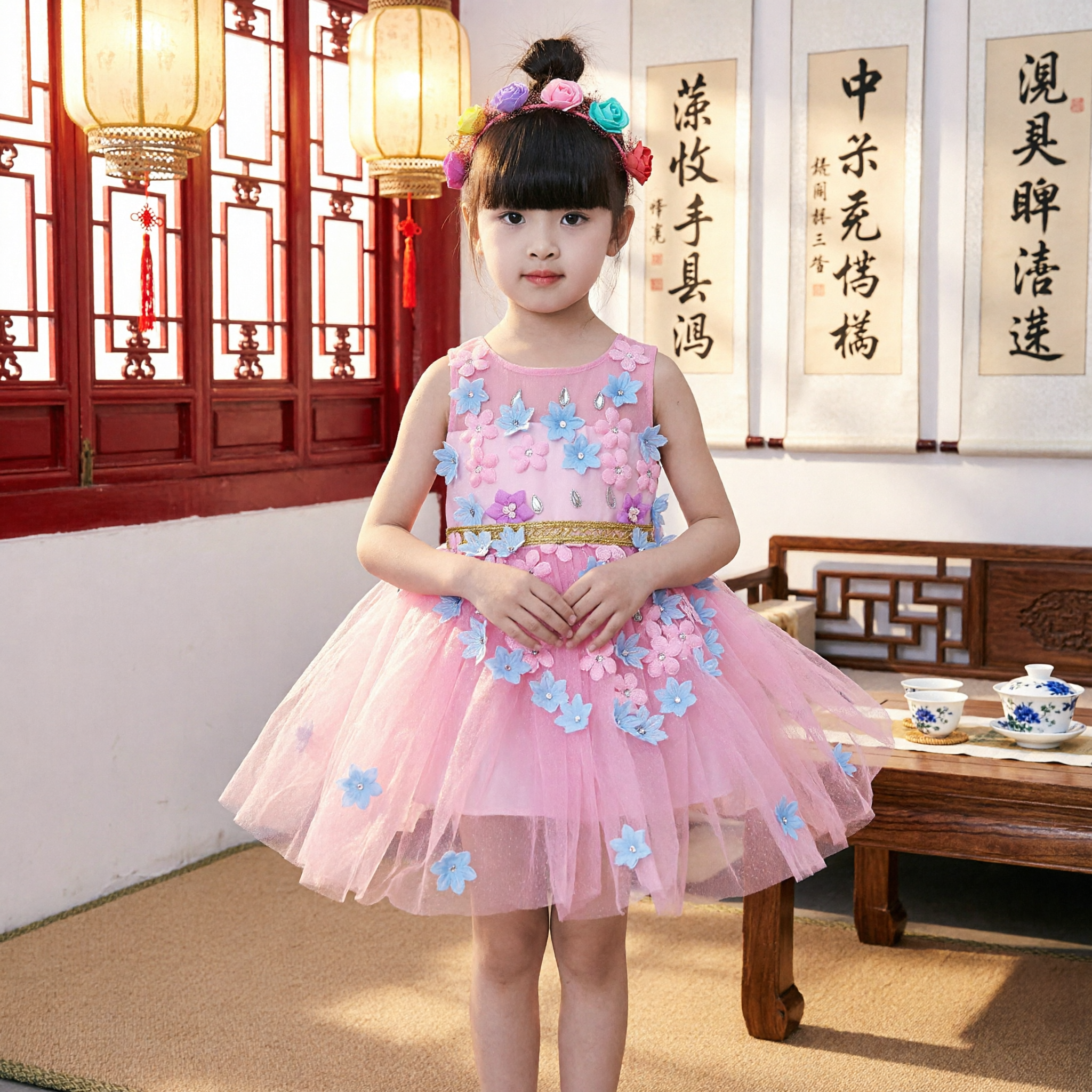 Girls Pink Floral Princess Dress Sleeveless Tulle Tutu Skirt Party Costume with Headband