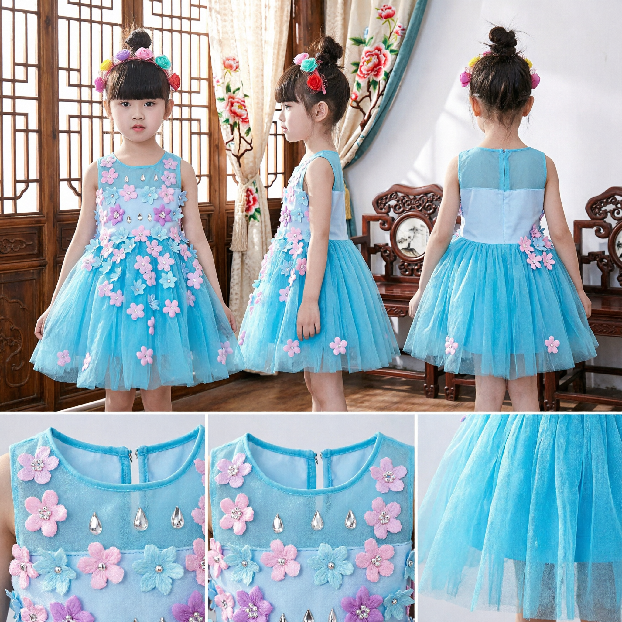 Blue Floral Tutu Dress for Girls Stage Performance Costume Kids Dance Party Outfit with Headband