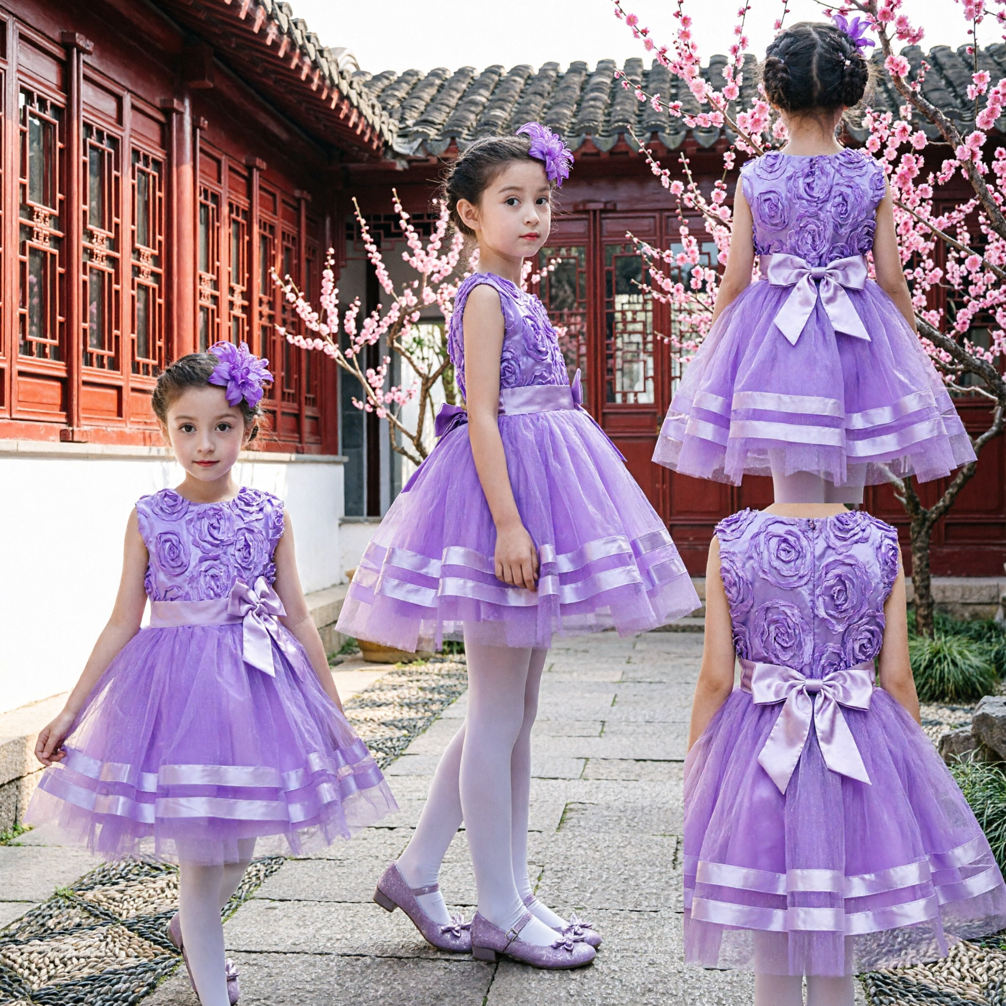 Purple Girls Flower Girl Dress with 3D Rosette Bodice and Tulle Skirt for Wedding Party Performance