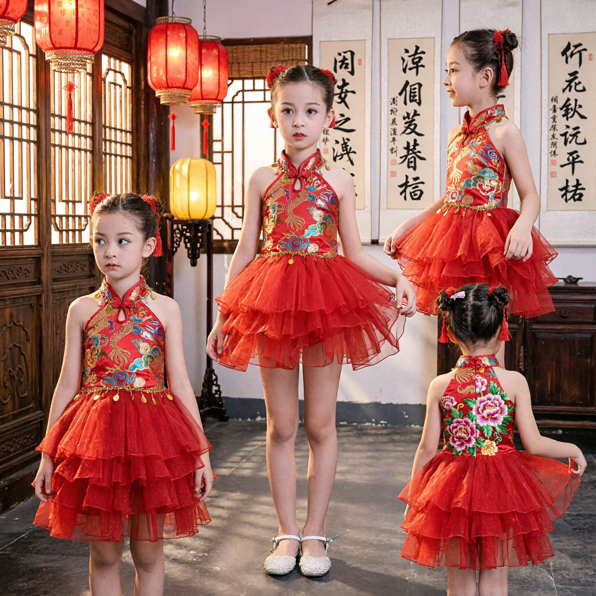 Girls Red Embroidered Cheongsam Qipao Top with Tulle Skirt Traditional Dance Performance Costume