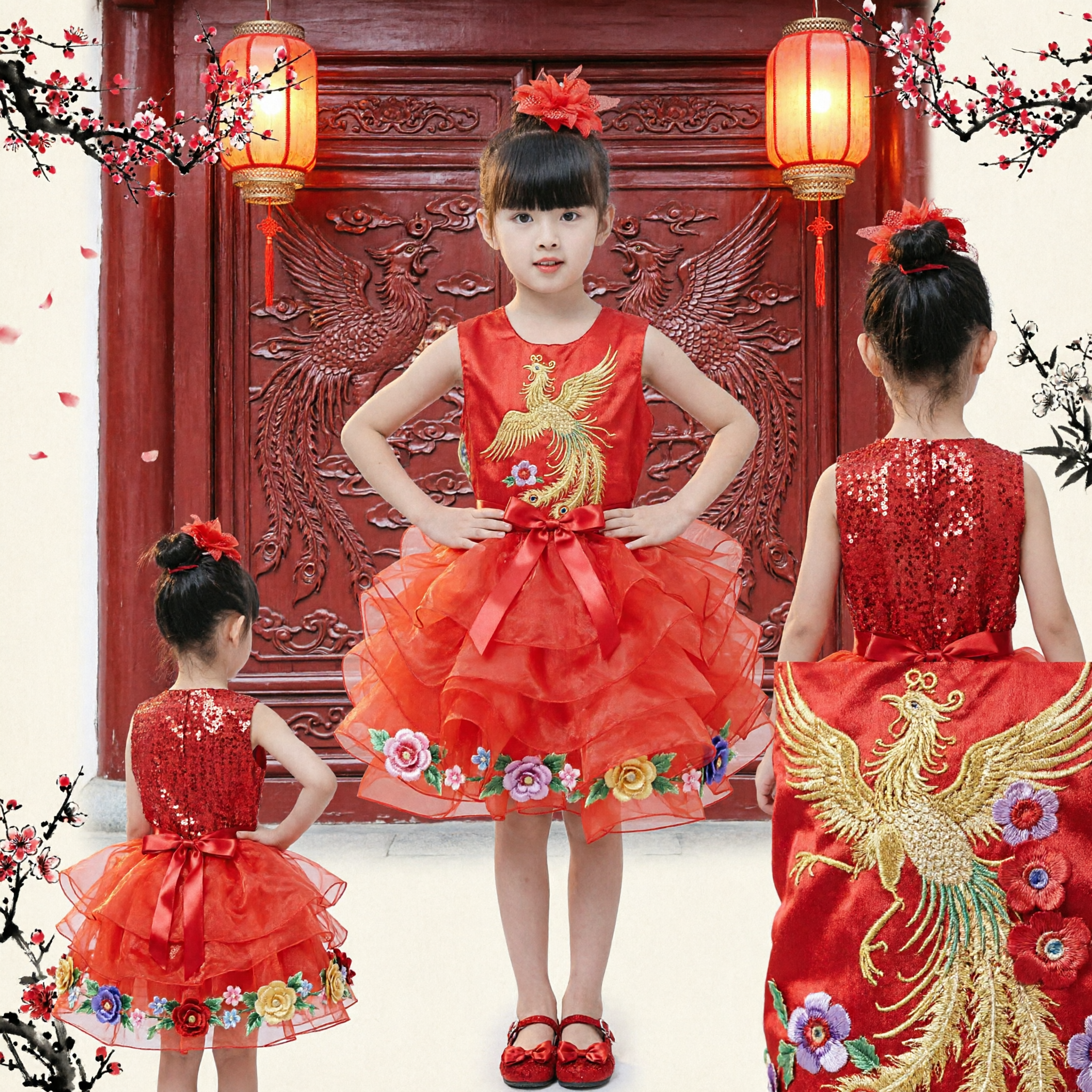 Red Sequin Floral Dance Dress for Girls Kids Stage Performance Costume Choir Festival Tutu