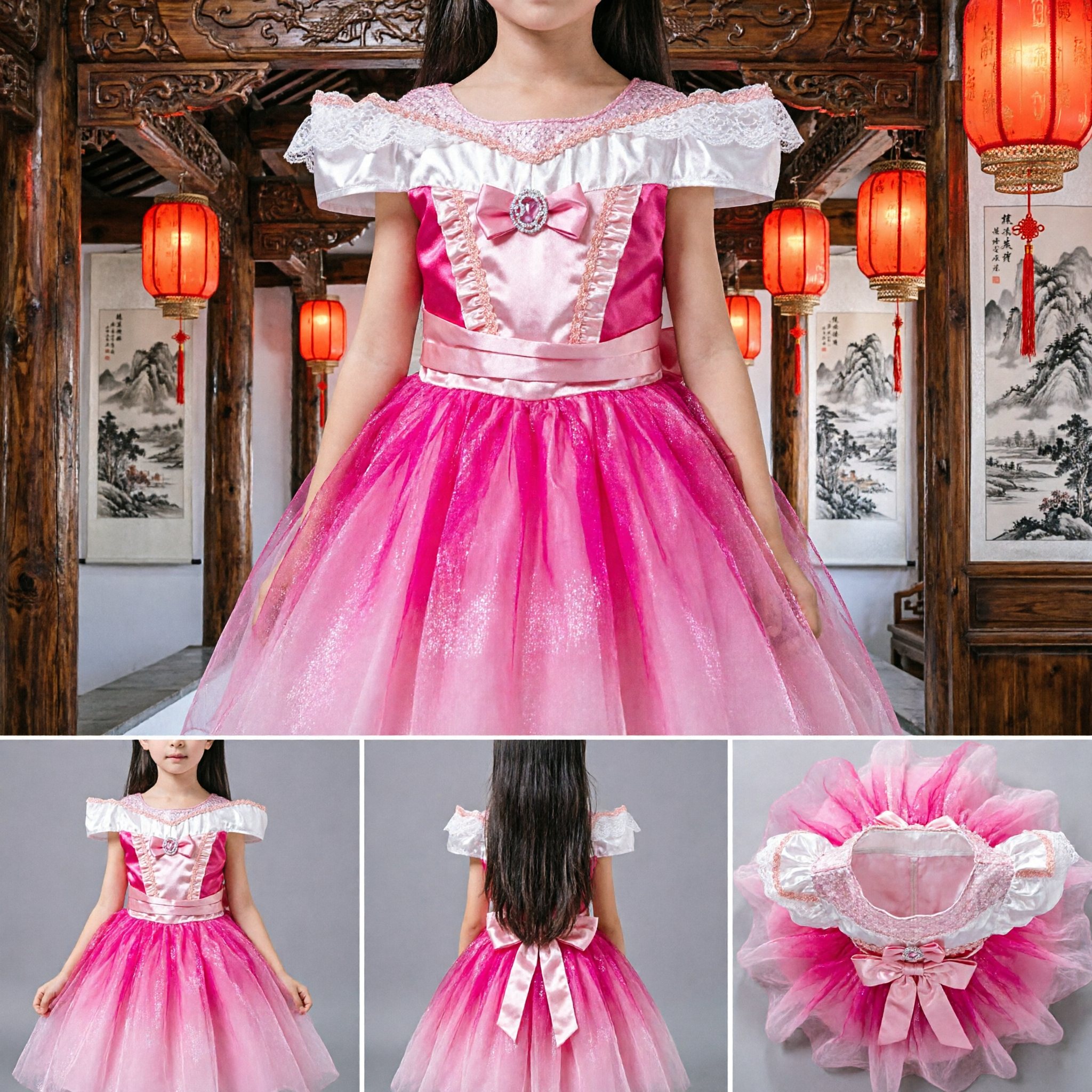 Girls Pink Princess Dress Up Costume Aurora Sleeping Beauty Gown with Crown Wand for Halloween Party