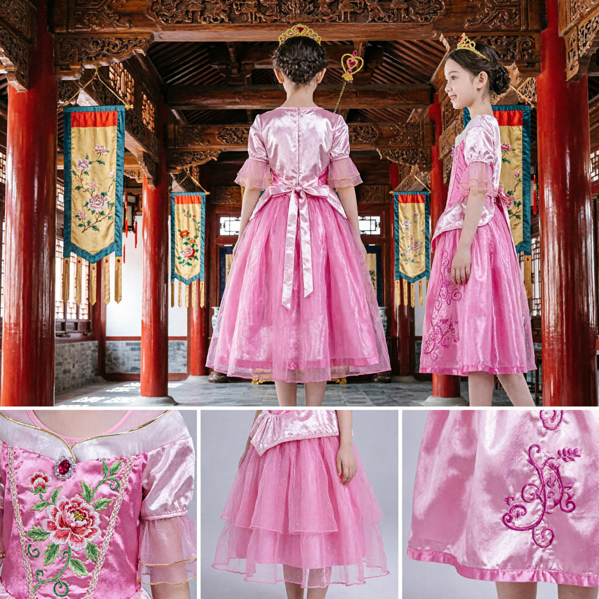 Girls Pink Princess Ball Gown Costume with Crown and Wand for Halloween Birthday Party Dress Up